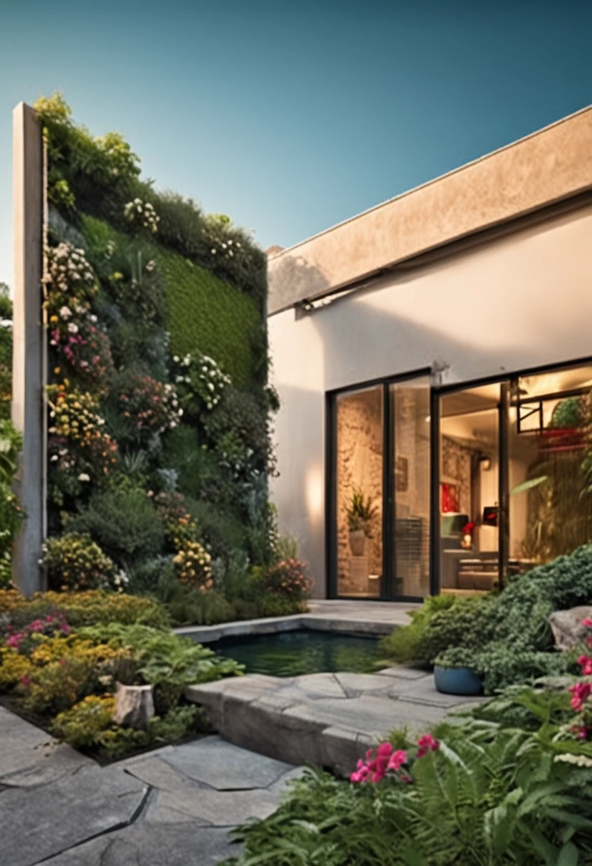 Natural garden landscape with plants around with loose stone floor and with stone wall and luxurious vertical garden behind and free space in the center of the image with clear sky