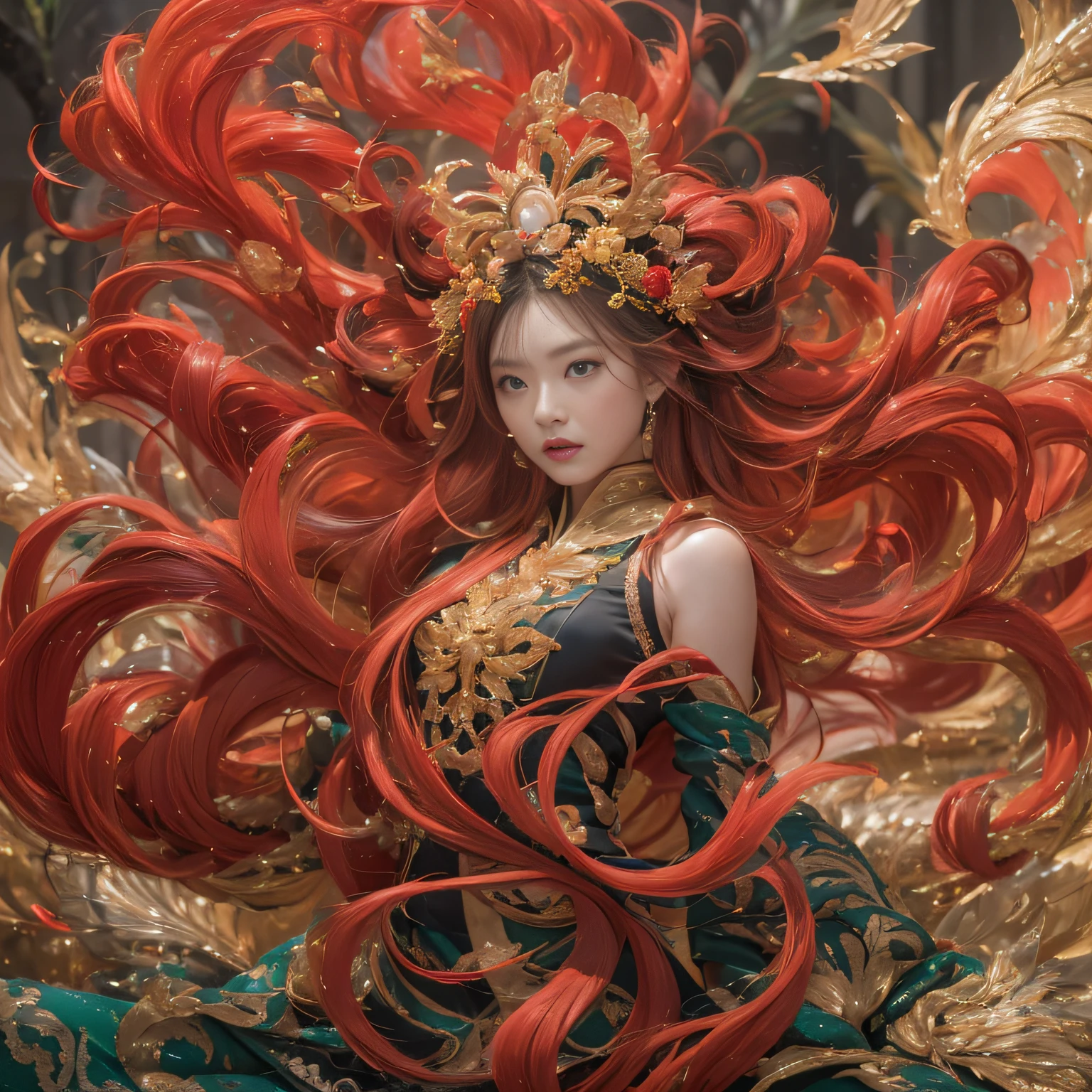 32K（tmasterpiece，k hd，hyper HD，32K）Large curls，Flowing rouge，ponds，zydink， a color，  Asian people （Silly girl）， （Silk scarf）， Combat posture， looking at the ground， Large rolls of rouge， Flowing rouge curls，Onyx emerald headdress， Chinese long-sleeved black gold garment， （abstract ink splash：1.2）， Pink lotus background，Water lily flower protector（realisticlying：1.4），Rouge hair，Autumn is in full swing，The background is pure， A high resolution， the detail， RAW photogr， Sharp Re， Nikon D850 Film Stock Photo by Jefferies Lee 4 Kodak Portra 400 Camera F1.6 shots, Rich colors, ultra-realistic vivid textures, Dramatic lighting, Unreal Engine Art Station Trend, cinestir 800，Large curls，Flowing rouge