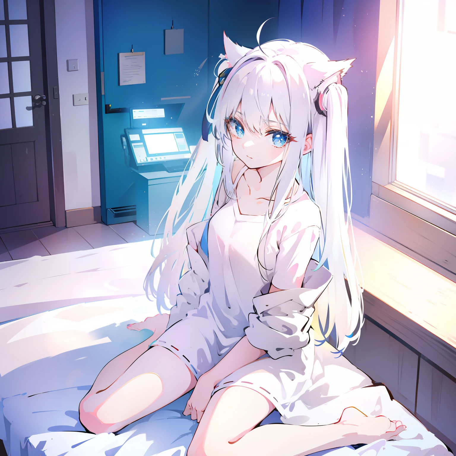 Anime girl in white pajamas getting out of bed with cat, Hang the laundry to dry，loli in dress, small curvy loli, artwork in the style of guweiz, guweiz on pixiv artstation, guweiz on artstation pixiv, guweiz, small li girl, soft anime illustration, Anime visuals of cute girls, Detailed Digital Anime Art