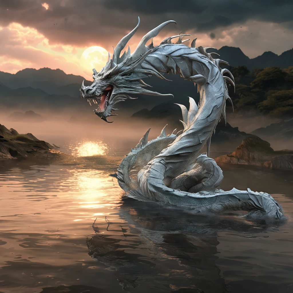 1white dragon, lake and water, sunset, Best quality, Masterpiece, 超高分辨率, (photograph realistic:1.4), surrealism, Dream-like,fusionart, Shadowdancer, shadow magic, darkness control, stealth, shadowstep, umbral spells, hidden blade,