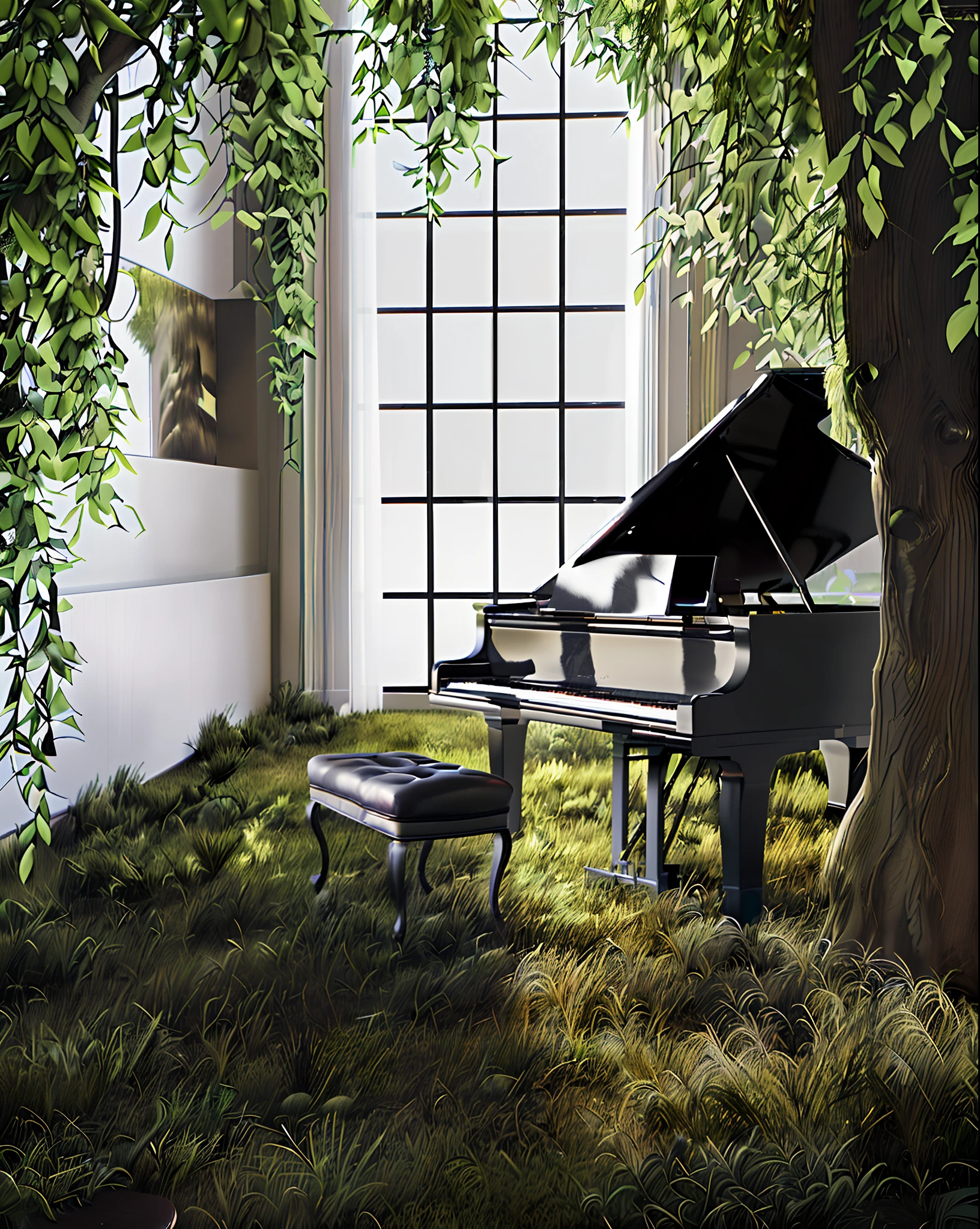 there is a piano and bench in a room with a tree, piano in the background, grand piano, in harmony with nature, piano, luxurious environment, full piano, peaceful environment, pianos, placed in a lush forest, relaxing environment, beautiful composition 3 - d 4 k, pianist, awesome greate composition, quiet and serene atmosphere, glamorous composition, excellent composition