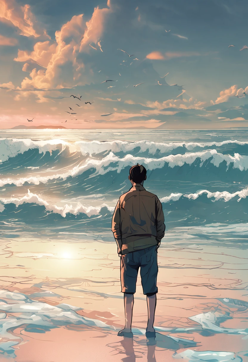 A Man Standing on a Undulating Coastline。Although he has a slightly tired look、Eyes are looking forward。As the waves rush at his feet、He々and standing、Trying to find the strength to inspire yourself。The sun shines in the distant sky、Symbolizes hope。Behind、Although a silhouette is drawn that represents past events,、They did not hinder his advancement.、Rather, it has been a force that supports his growth.