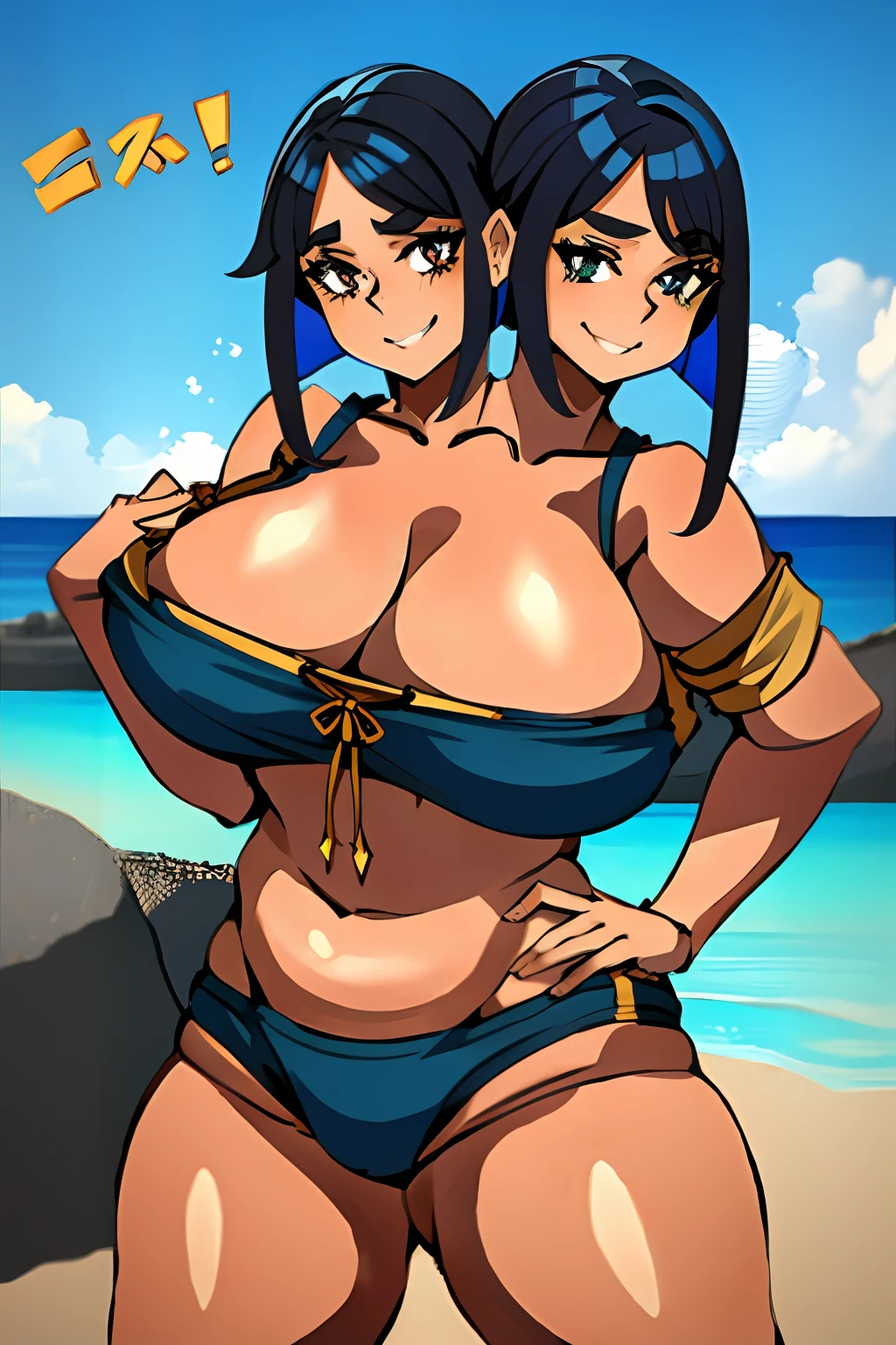2heads, a short fat woman with 2 heads. She has enormous breasts. She is a midget with enormous breasts and short. She is wearing a colorful swimsuit. She is at the beach. She looks sunburnt. She looks happy. She has gigantic breasts. She looks happy. She is short and fat. She has massive breasts. She is proud of her enormous breasts. She looks smug. She is very short and fat.