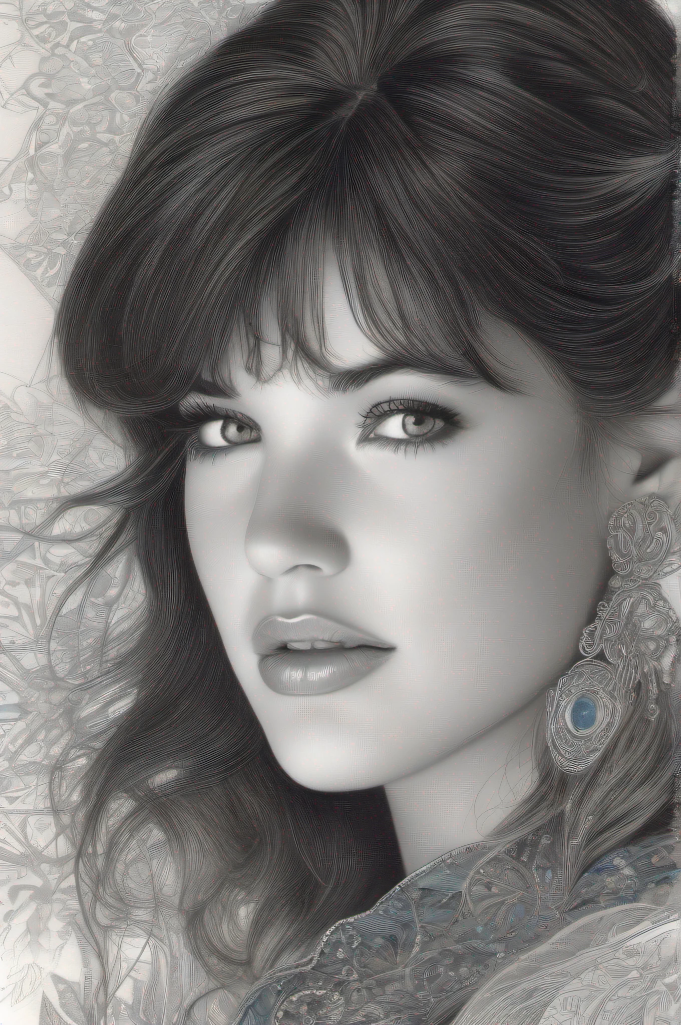 Sweet young Phoebe Cates, in blue, shiny eyes, fantasy style, intricate details, Realistic portrait drawing, White background --AR 2:3