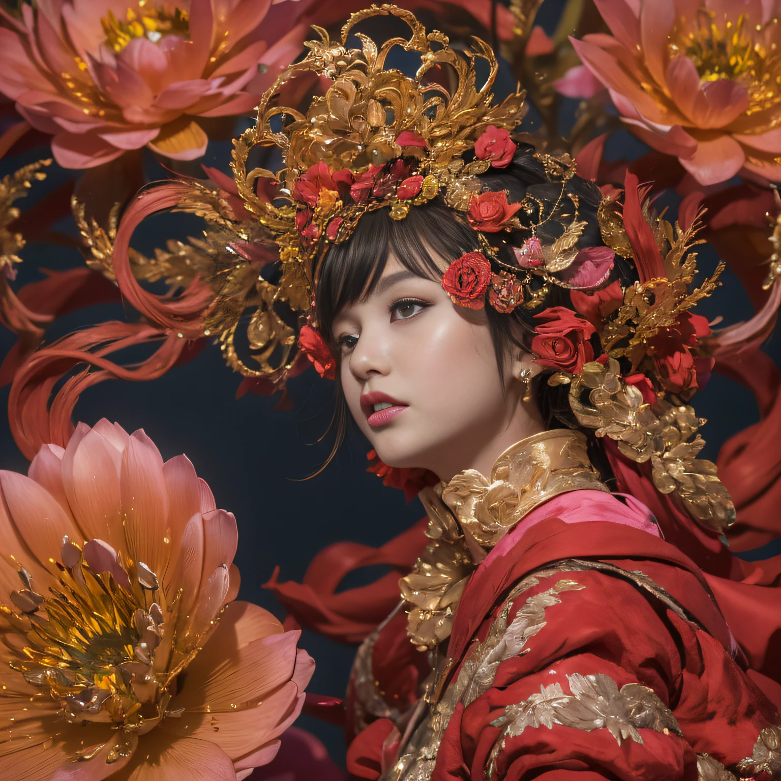32K（tmasterpiece，k hd，hyper HD，32K）Large curls，Flowing rouge，ponds，zydink， a color，  Asian people （Silly girl）， （Silk scarf）， Combat posture， looking at the ground， Large rolls of rouge， Flowing rouge curls，Onyx emerald headdress， Chinese long-sleeved black gold garment， （abstract ink splash：1.2）， Pink lotus background，Water lily flower protector（realisticlying：1.4），Rouge hair，Autumn is in full swing，The background is pure， A high resolution， the detail， RAW photogr， Sharp Re， Nikon D850 Film Stock Photo by Jefferies Lee 4 Kodak Portra 400 Camera F1.6 shots, Rich colors, ultra-realistic vivid textures, Dramatic lighting, Unreal Engine Art Station Trend, cinestir 800，Large curls，Flowing rouge