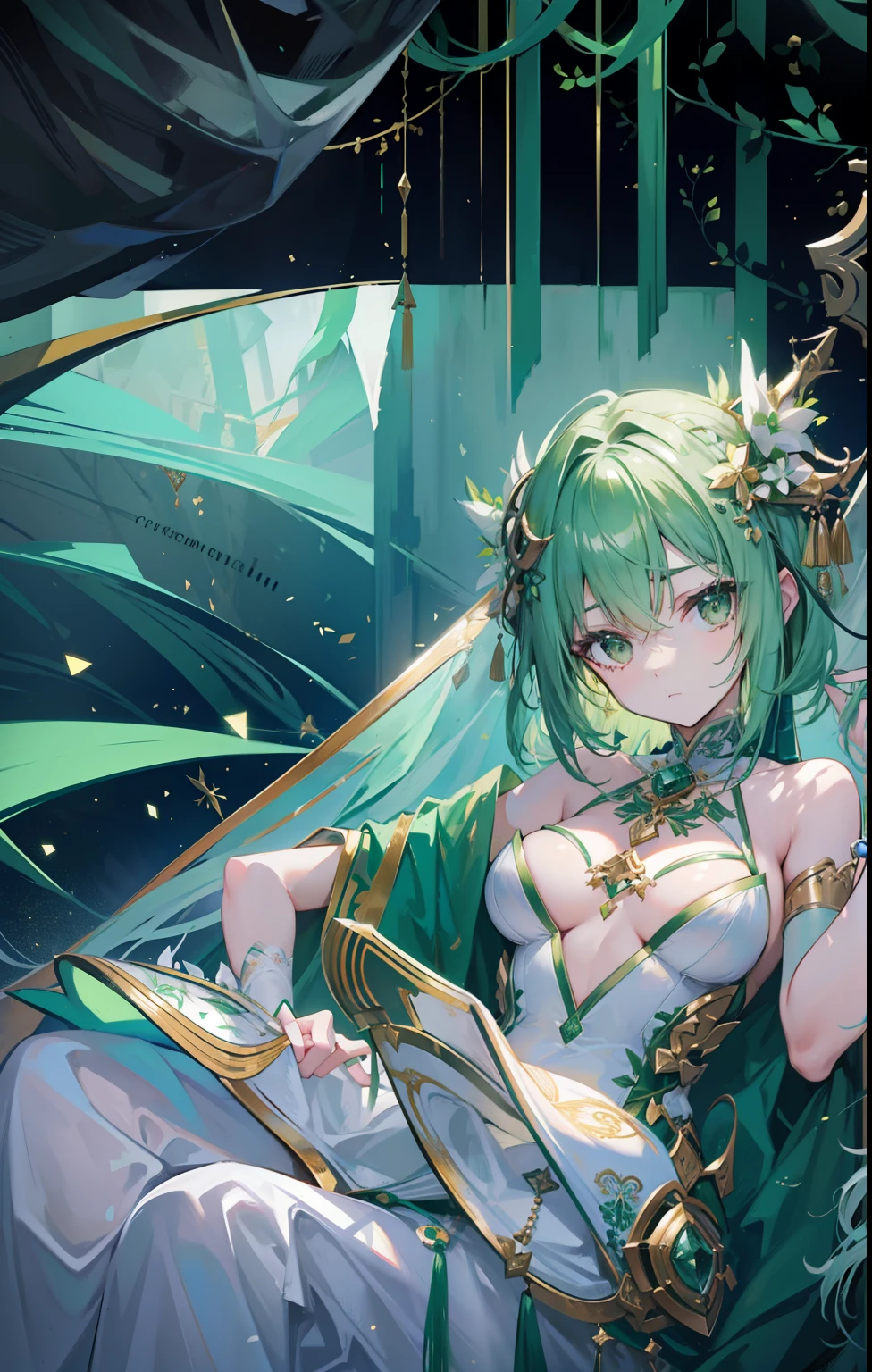 Light green hair，The green and white dress is embellished with gold ornaments，Light and dignified, Cute，is a cyborg, Beautiful girl