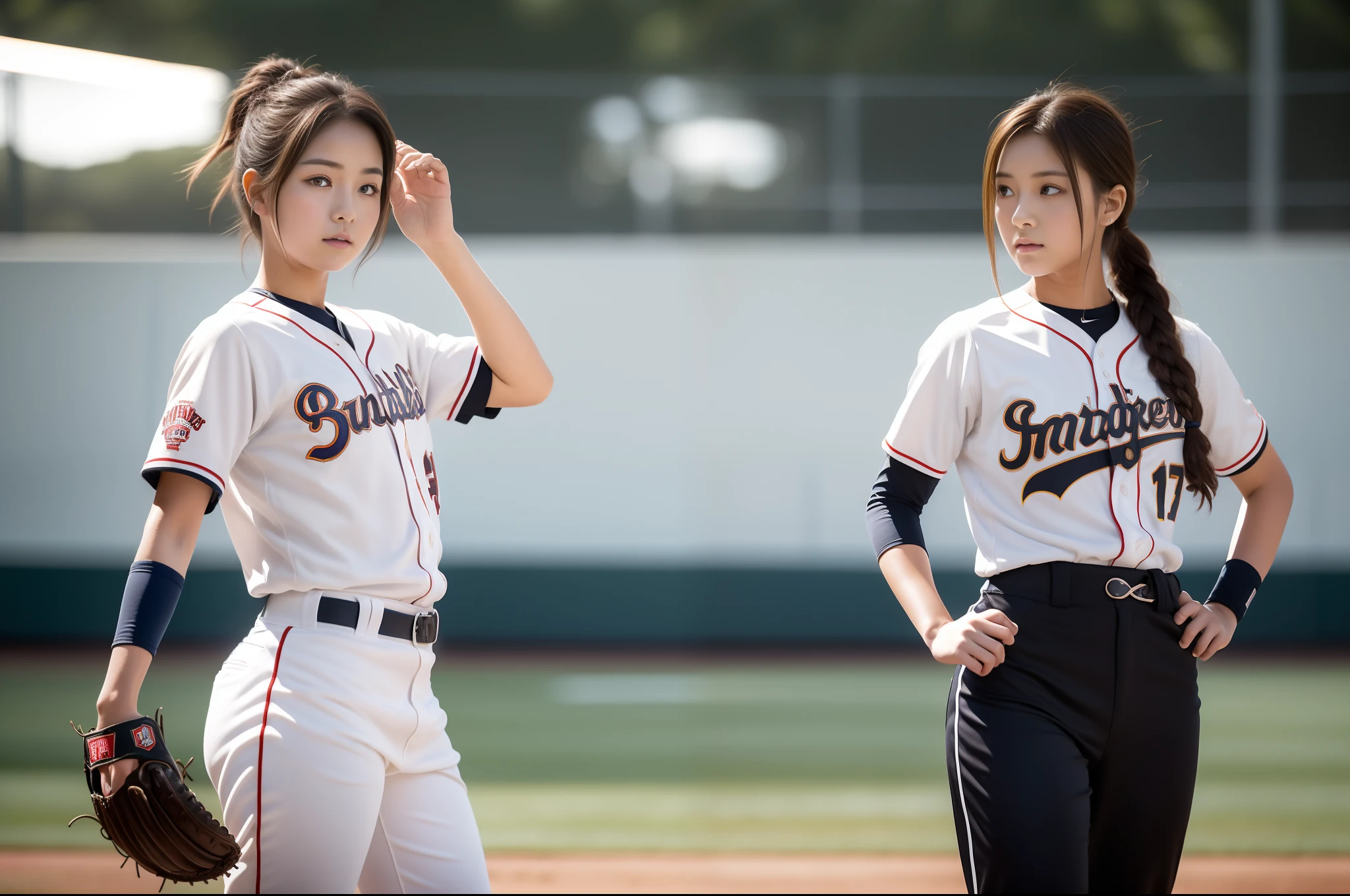 Best quality at best,tmasterpiece,超高分辨率,(filmgrain:1.4),(Fuji colors:1.1), sportrait,Clear pores,1 cute girl, young , No makeup,Solo, Extremely detailed eye clarity ,Detailed skins,Realistic skin texture,Real skin texture,Highly Detailed Face and Skin Textur,C cup, broad shoulder,Small round buttocks,Small head, Slender thighs, Slender calves, (cabelos preto e longos/Hippie fever/Hair tied), (Wearing a white size 24/Girl with Taart baseball uniform printed on it/Sheer baseball pants), (Play on a baseball field/The audience was full /The girl wears baseball gloves on her left hand/Baseball pants),(realisticlying:1.2), Natural soft light,真实感:1.3,ambient lights:1,Ultra photo realsisim, Photo realism,Real human photos,atmospheric distance sense, High-quality photos, Add noise:0.7, Cowboy shot, Dynamic shots:0.3, full body action pose, Cute young girl all over, distant full body view, Full body picture,Add noise:1.2, Doji diffraction, Dynamic expressions:1.2,The girl looked into the distance, Dynamic action:1.2,