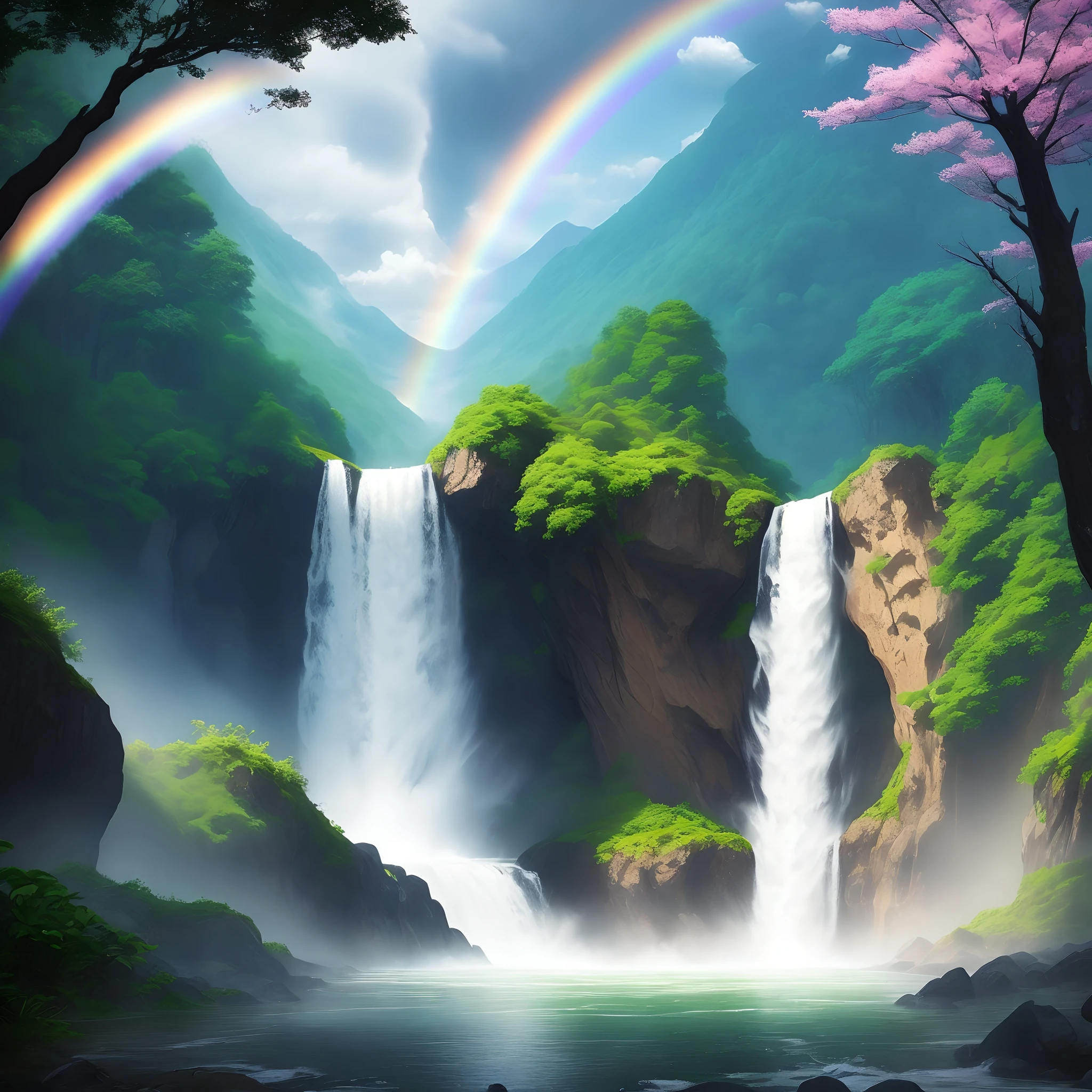 falls、Overflowing water、no person、Mystical scenery、Uncharted、Vivid rainbow、shining light、Big rainbow、Angel Spot、Falling light、very beautif