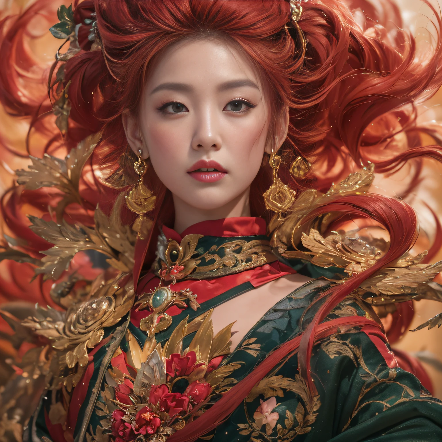 32K(tmasterpiece,k hd,hyper HD,32K)Large curls,Flowing rouge,ponds,zydink, a color, Asian people (Silly girl), (Silk scarf), Combat posture, looking at the ground, Large rolls of rouge, Flowing rouge curls,Onyx emerald headdress, Chinese long-sleeved black gold garment, (abstract ink splash:1.2), Pink lotus background,Water lily flower protector(realisticlying:1.4),Rouge hair,Autumn is in full swing,The background is pure, A high resolution, the detail, RAW photogr, Sharp Re, Nikon D850 Film Stock Photo by Jefferies Lee 4 Kodak Portra 400 Camera F1.6 shots, Rich colors, ultra-realistic vivid textures, Dramatic lighting, Unreal Engine Art Station Trend, cinestir 800,Large curls,Flowing rouge