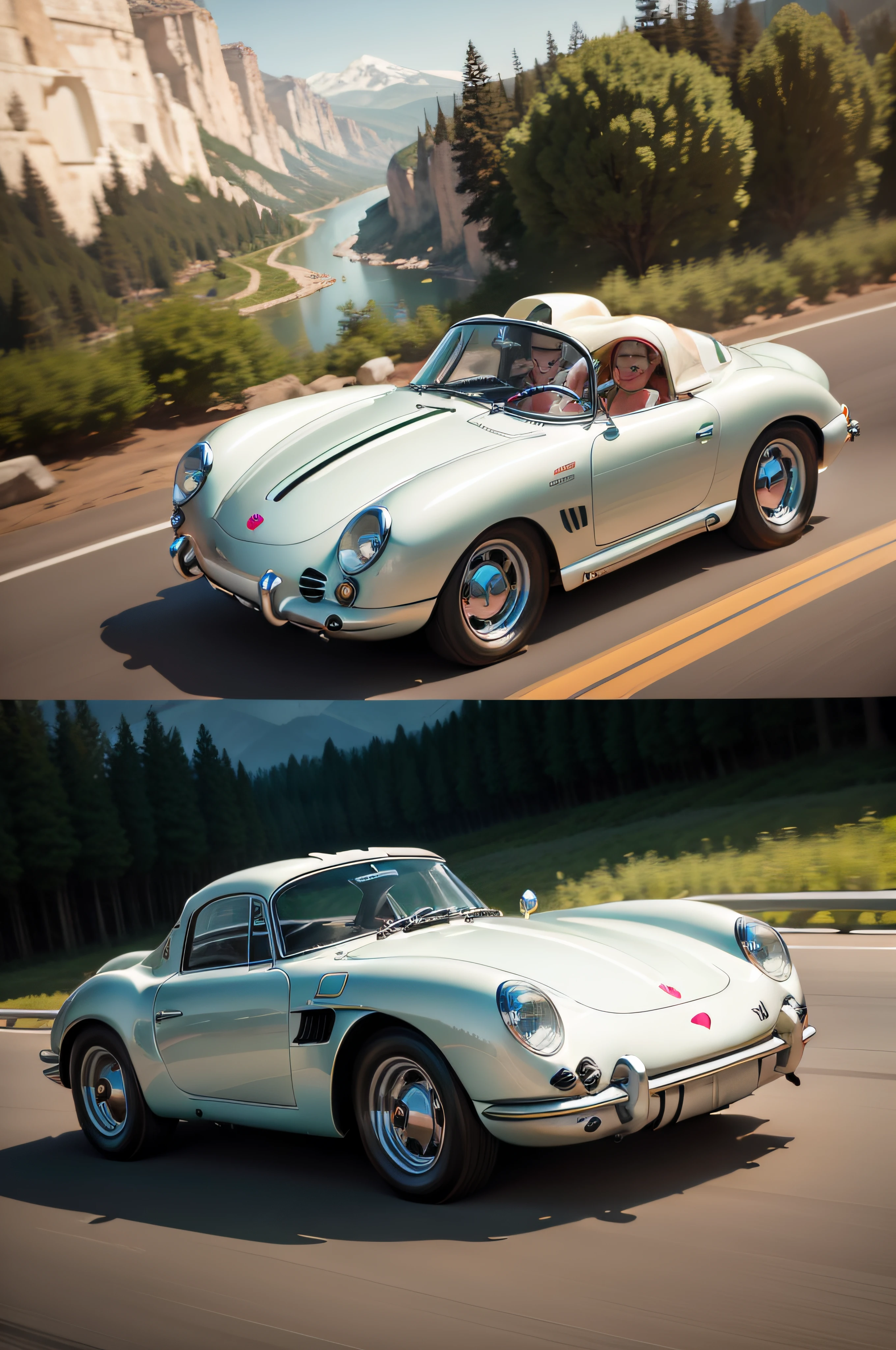 Porsche 550 Spyder,BarbieCore a vintage car driving along a rainbow road , (shiny plastic:0.8), (pink and white:0.9), (pastel:0.85)----revAnimated_v122===UHD