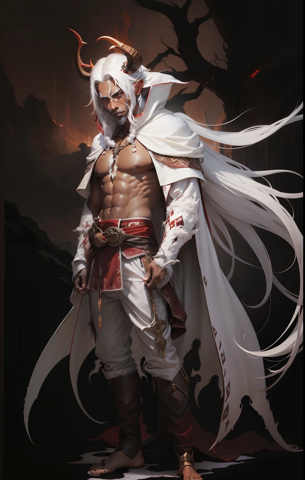 Brown skinned male With white hair horns wearing a cloak with one red and one brown eye, sharp fingernails, sharp, toenails, sharp teeth