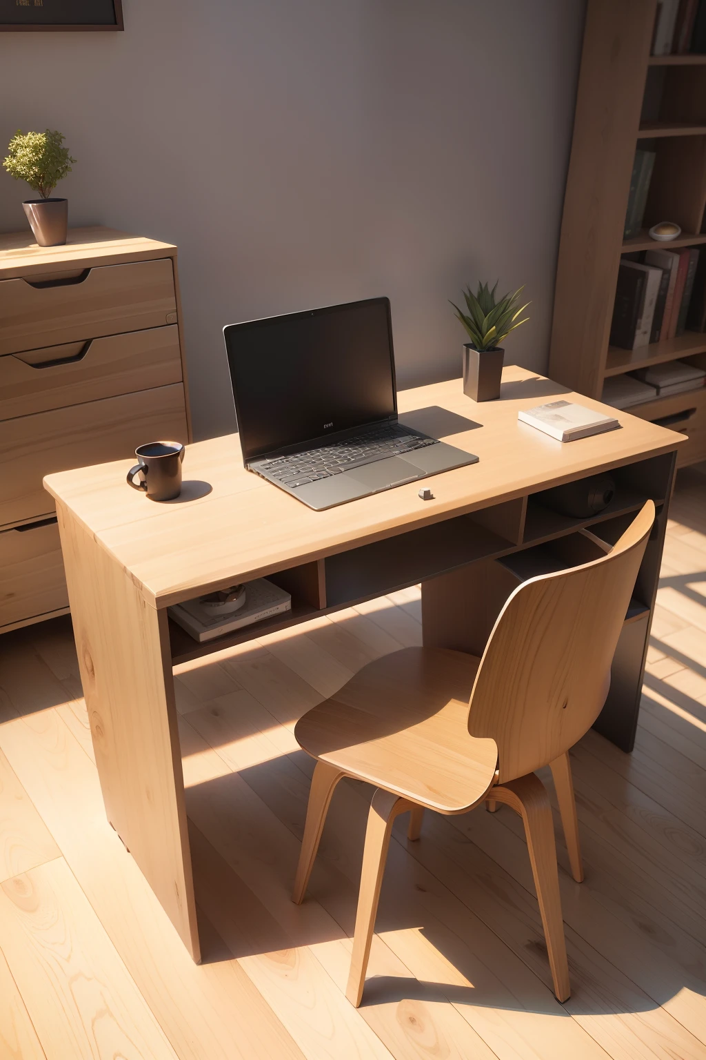 Assembleable modular wooden computer desk、chair,Wooden computer desk、The beauty of the chair's natural material is on full display,Special emphasis is placed on wooden computer desks、The calmness of the chair's natural colours and the simplicity of the moulding lines,Emphasize the harmony between nature and people in the furniture space,Be in the middle of it。It has fresh natural scenery、A unique taste of simplicity and elegance,Form a unique wooden computer desk、Chair style,Cater to the freedom of contemporary urbanites、Longing for an easy life。It embodies the fusion of man and nature。3D model HD rendering, Wooden computer desk、Chair renderings
