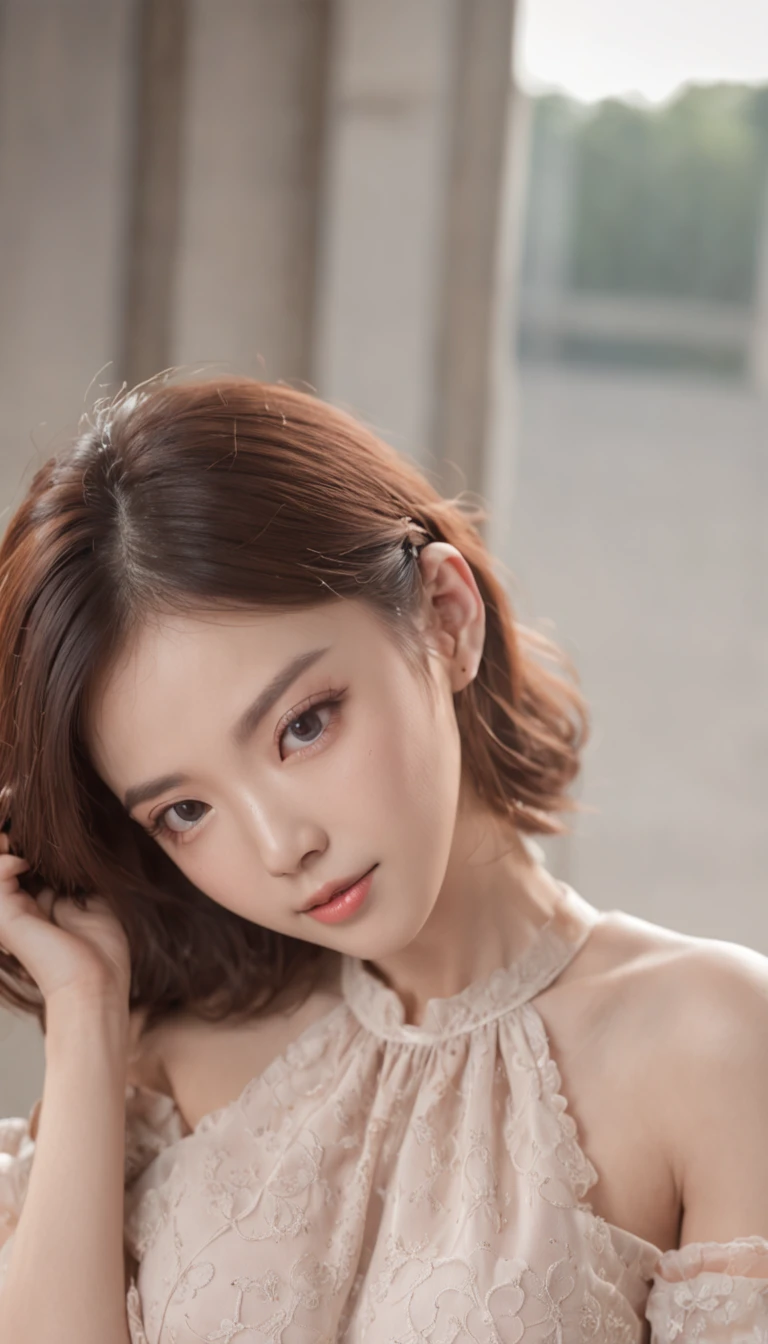 mix4, Beautiful Korean Instagram model, 1 Girl poses for a photo in a swing dress with exposed breasts, (Drop down the top), Beautiful 22 year old girl, Large breasts, Hard and lively , Cute face blush, 8K, Best quality, Masterpiece, 超高分辨率, analogue RAW DSLR, offcial art, Professional photography, Sharp focus, hdr, 8K resolution, intricately details, exquisite detailing, Depth of field, Photorealistic
