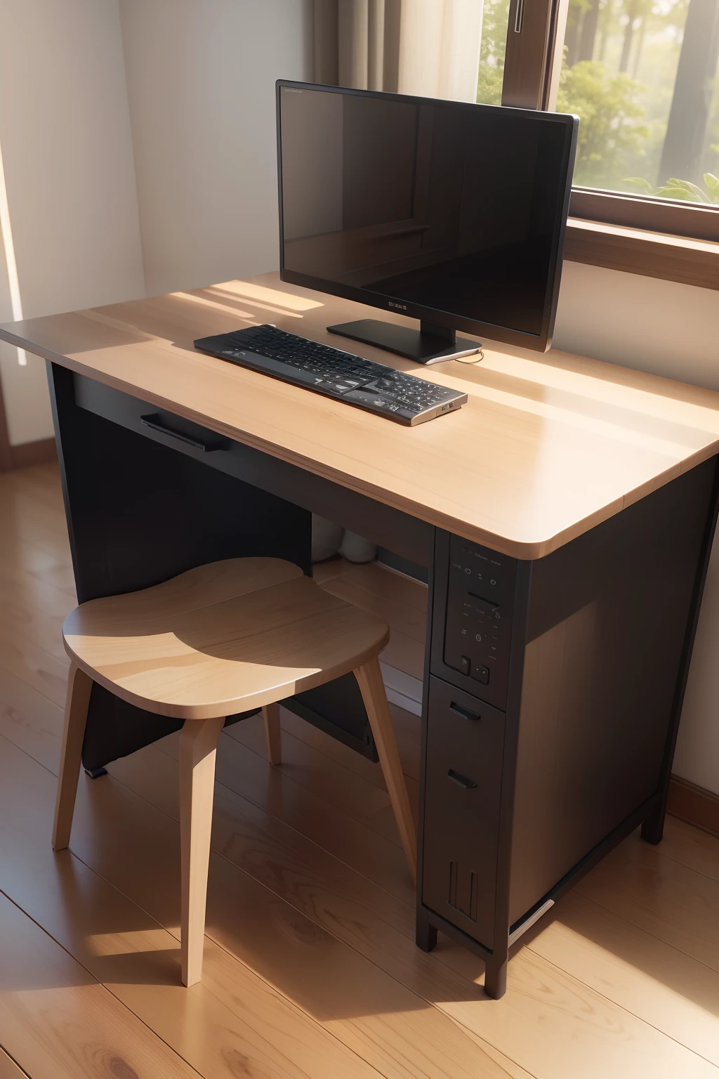 Assembleable modular wooden computer desk、chair，Wooden computer desk、The beauty of the chair's natural material is on full display，Special emphasis is placed on wooden computer desks、The calmness of the chair's natural colours and the simplicity of the moulding lines，Emphasize the harmony between nature and people in the furniture space，Be in the middle of it。It has fresh natural scenery、A unique taste of simplicity and elegance，Form a unique wooden computer desk、Chair style，Cater to the freedom of contemporary urbanites、Longing for an easy life。It embodies the fusion of man and nature。3D model HD rendering, Wooden computer desk、Chair renderings