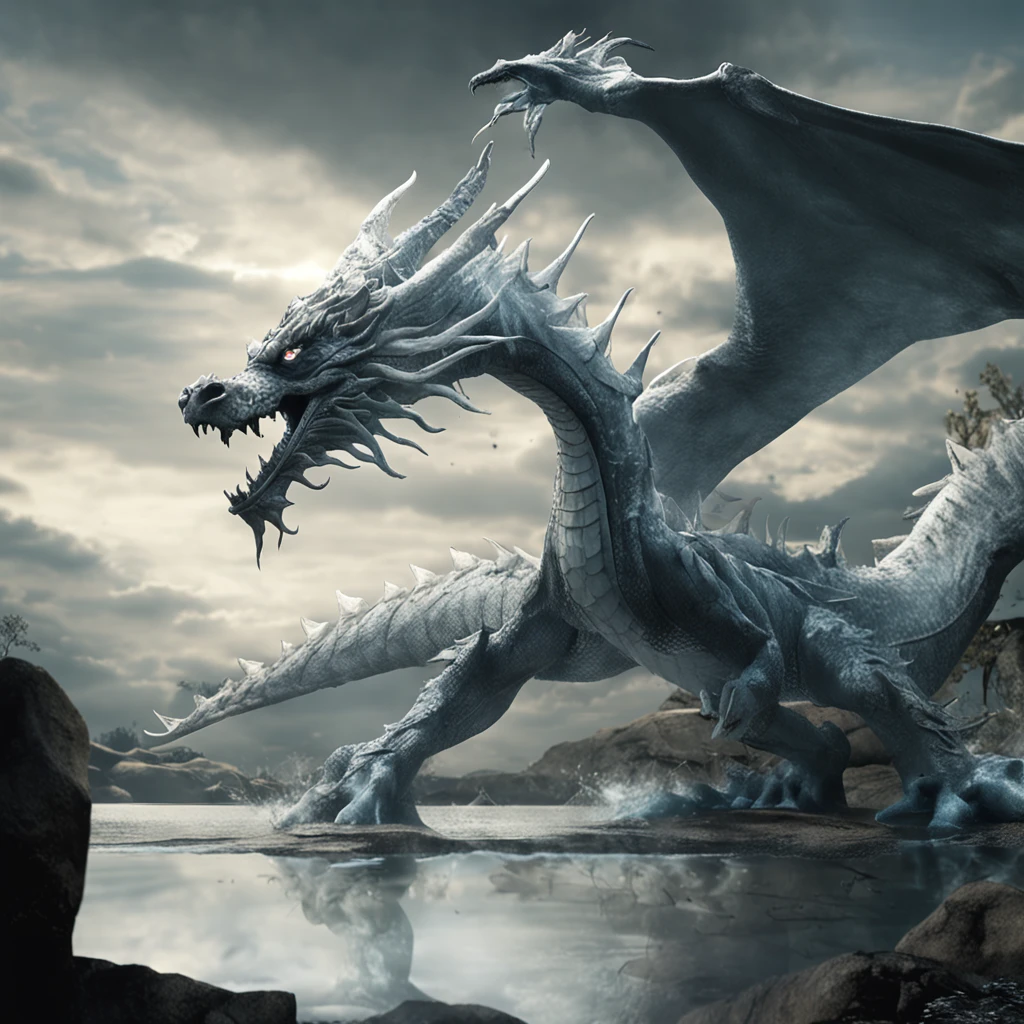 Masterpiece,4k realism, ((((1white dragon, lake and water, Best quality, Masterpiece, Ultra-high resolution, (photograph realistic:1.4), surrealism, Dream-like,fusionart, Shadowdancer, shadow magic, darkness control, stealth, shadowstep, umbral spells, hidden blade,,)),,), digital art, hyper-realistic 8K