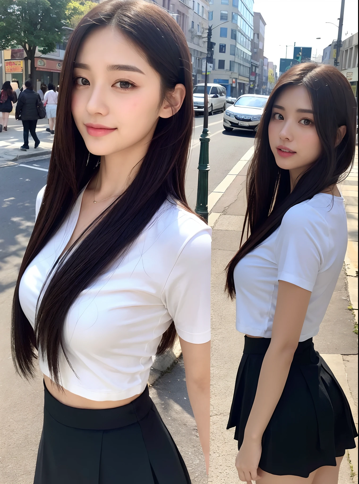 ((best qualtiy,8K,tmasterpiece:1.3)),Beautiful Women with Perfect Figure:1.4,glute:1.2,(Layered Hair Style:1.2)),(the street:1.3),Highly Detailed Face and Skin Textur,full bodyesbian,Elaborate Eyes,二重まぶた,Whitens the skin,Long black hair,(Loose and considerate,short skirt:1.6)ssmile