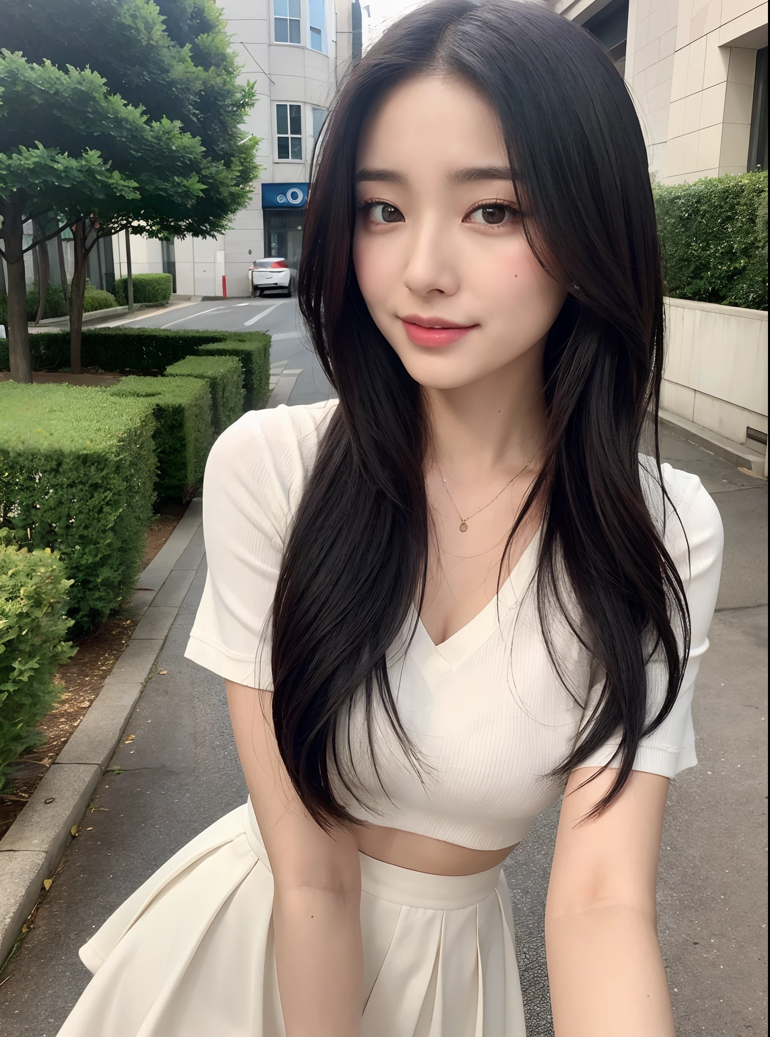 （（best qualtiy，8K，tmasterpiece：1.3）），Beautiful Women with Perfect Figure：1.4，glute：1.2，（Layered Hair Style：1.2）），（the street：1.3），Highly Detailed Face and Skin Textur，full bodyesbian，Elaborate Eyes，二重まぶた，Whitens the skin，Long black hair，（Loose and considerate，short  skirt：1.6）ssmile