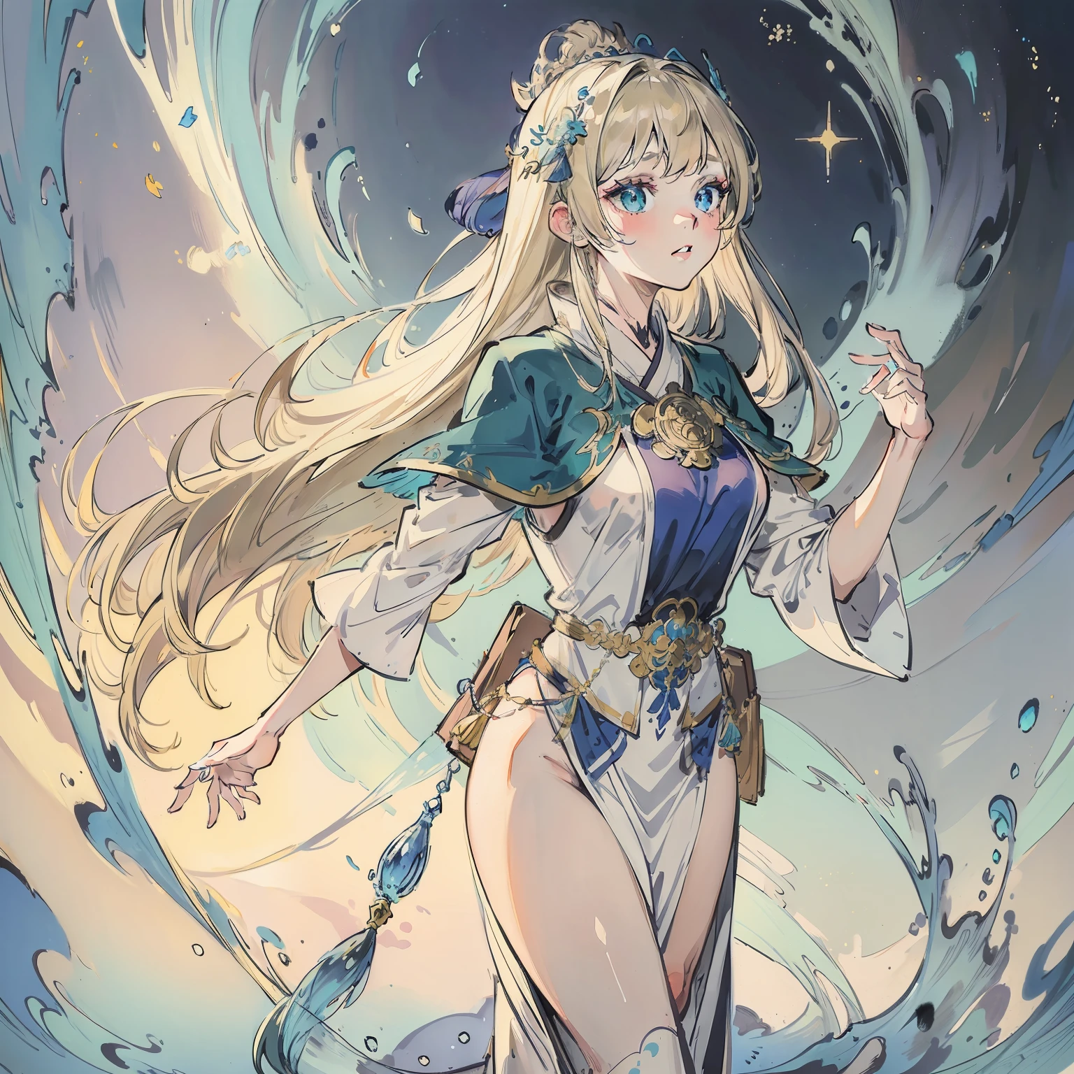 a woman in a white dress and a blue cape is standing, cushart krenz key art feminine, anime goddess, pixiv, pretty female cleric, digital art on pixiv, pixiv style, wlop rossdraws, alphonse mucha and rossdraws, guweiz, top rated on pixiv, rossdraws sakimimichan, ash blonde, green eyes