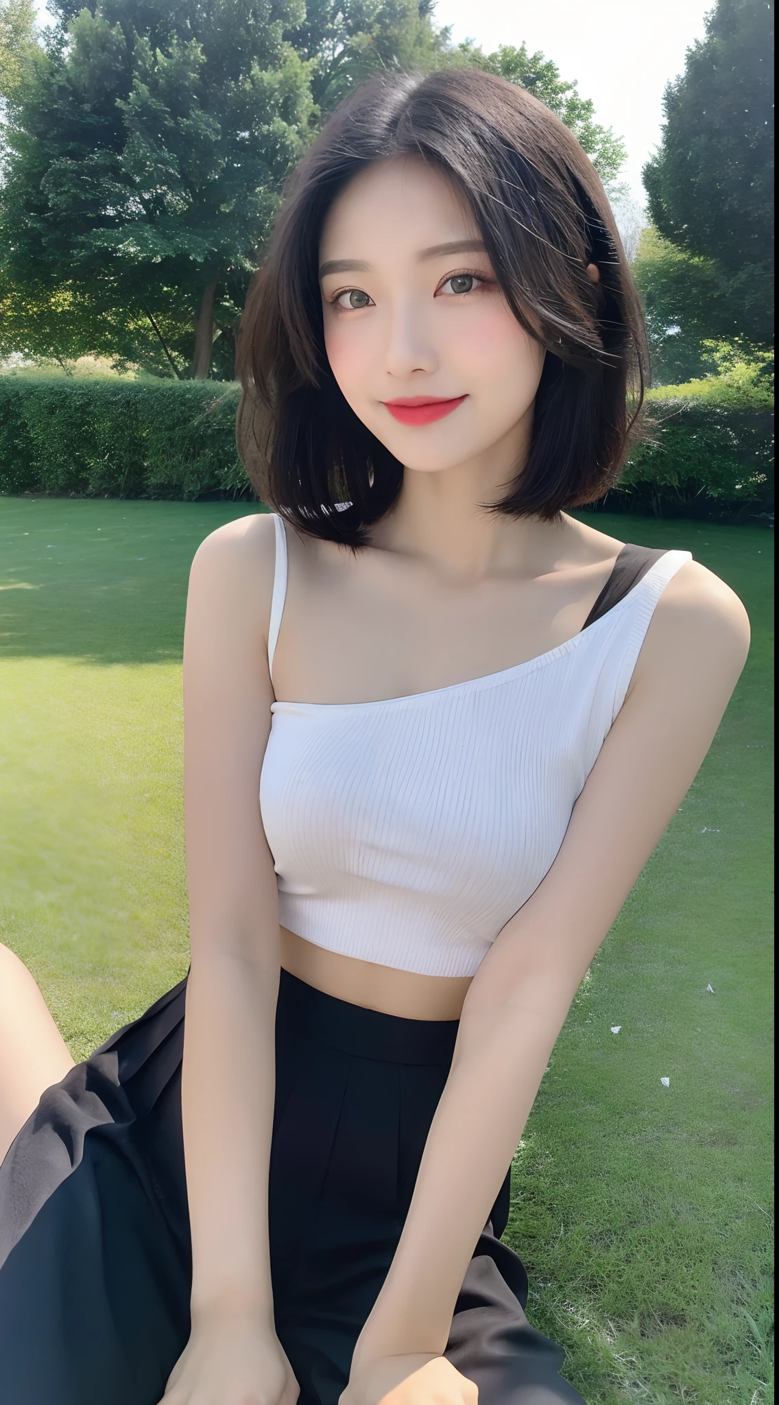 high detal,8K分辨率,超高分辨率,Best image quality,a beauty girl,lipsticks,Love pupils,Peerless beauty,Messy black straight hair,shoulder-length short hair,(Coiled hair)Smooth hair,Intense and beautiful makeup,Exquisite and perfect facial features,the most beautiful big eyes,Be red in the face,Sweet smile,(Yoga pants for ,a black pleated skirt)Open navel,Thin waist,(Full breasts)grassy fields,Half seated close to the lawn of the audience,dynamic angle,Extreme picture quality,Highest accuracy