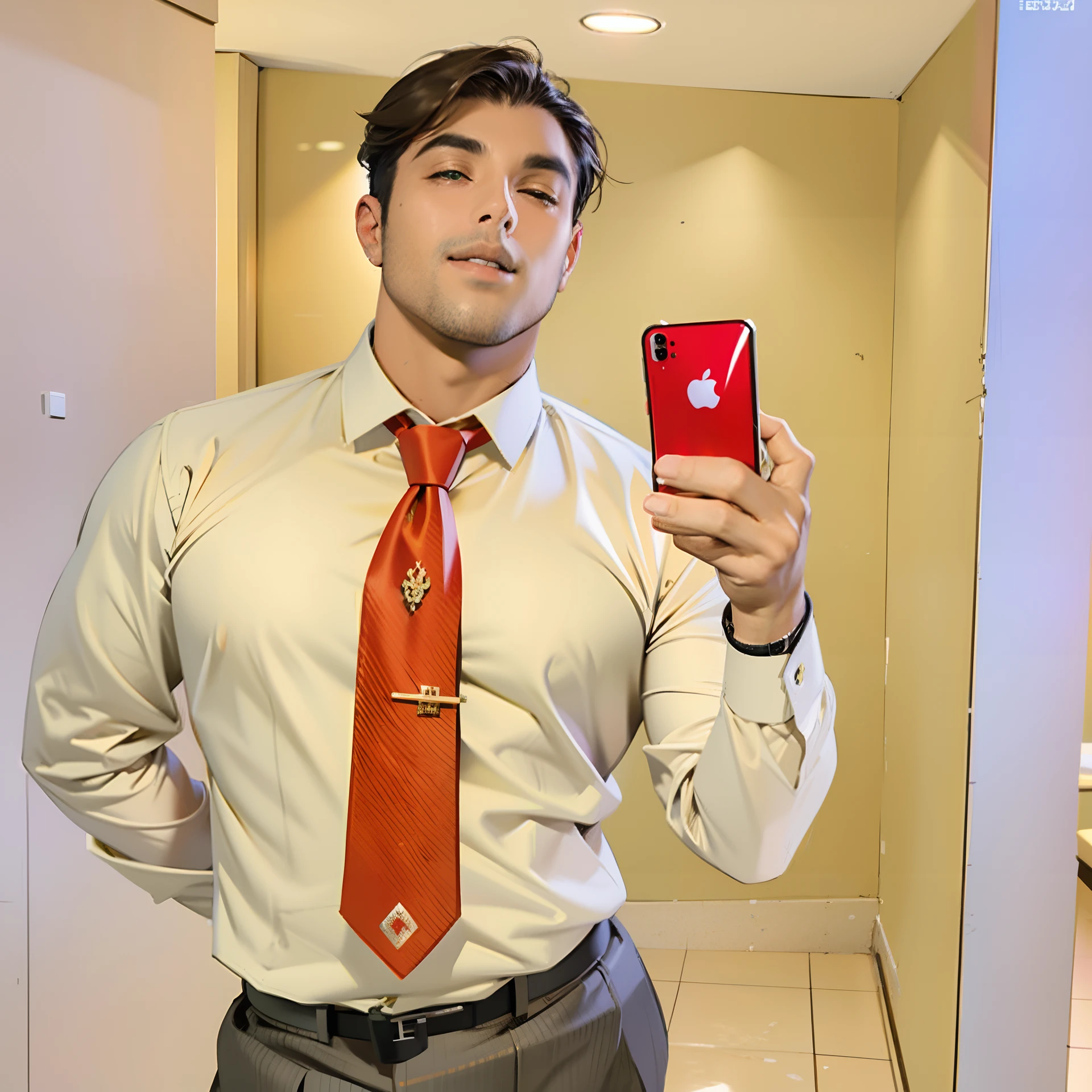 there is a man posing in front of mirror, red shiny necktie with golden necktie clip and rafflesia flower brooch on necktie, Stocky chubby masucline big bodhy, tight fiting white wet shiny transparent white long sleves, very short brown hair, hospital background, he is holding red iPhone in his left finger, correct accurate anatomy and correct number of fingers, handsome face with detailed facial features, thick body and thick thighs, thicc, thick and bold look, his right hand is at his back, grey color shiny leather PVC lustrous pants, , leaked photo, gay, by :5 sexy: 7, hospital environment, shadow, highlight, depth of field, professional shoot, well lighting, high quality detailed fine illustration art, flawless white skin
