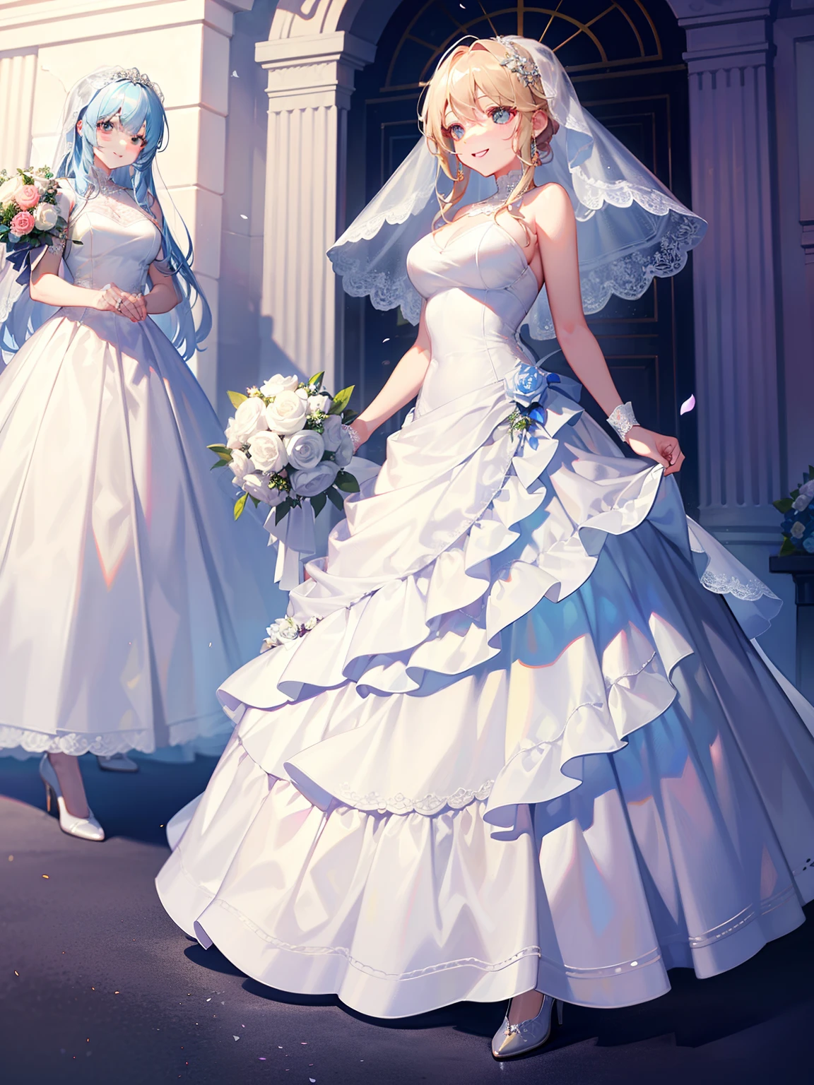 ，wedding gown，Bride，marriage，Beautifully dressed，Shiny clothes，Lace on clothes，Clothes lace，Large skirt，Lace trim，stand posture，facing the front there，Flowers in hand，ssmile，light yarn，full bodyesbian