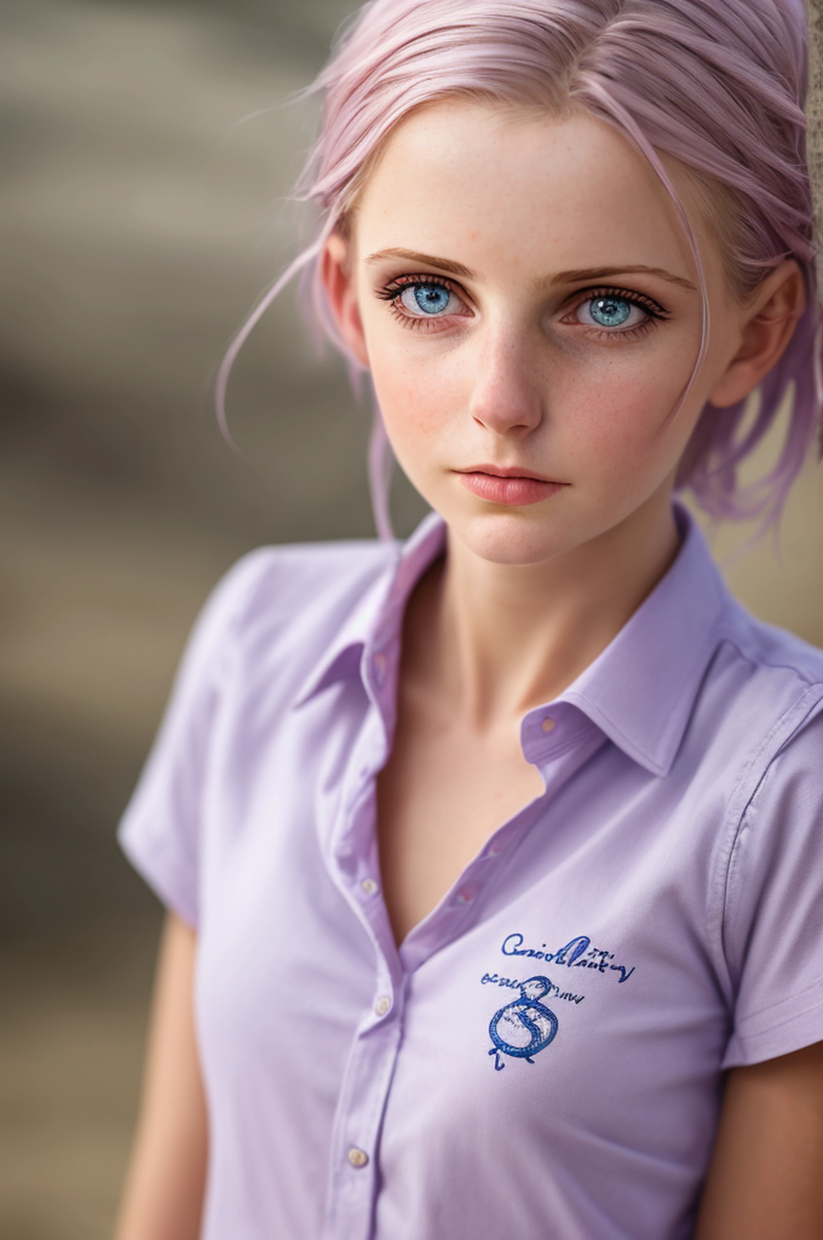 realistic photo, a realistic photo of 18yo girl wearing a shirt, lilac hair, lilac eyes, beach, (1girl), (extremely detailed CG unity 8k wallpaper), photo of the most beautiful artwork in the world, professional majestic (photography by Steve McCurry), 8k uhd, dslr, soft lighting, high quality, film grain, Fujifilm XT3 sharp focus, f 5.6, High Detail, Sharp focus, dramatic, (looking at viewer:1.2), (detailed pupils:1.3), (natural light),