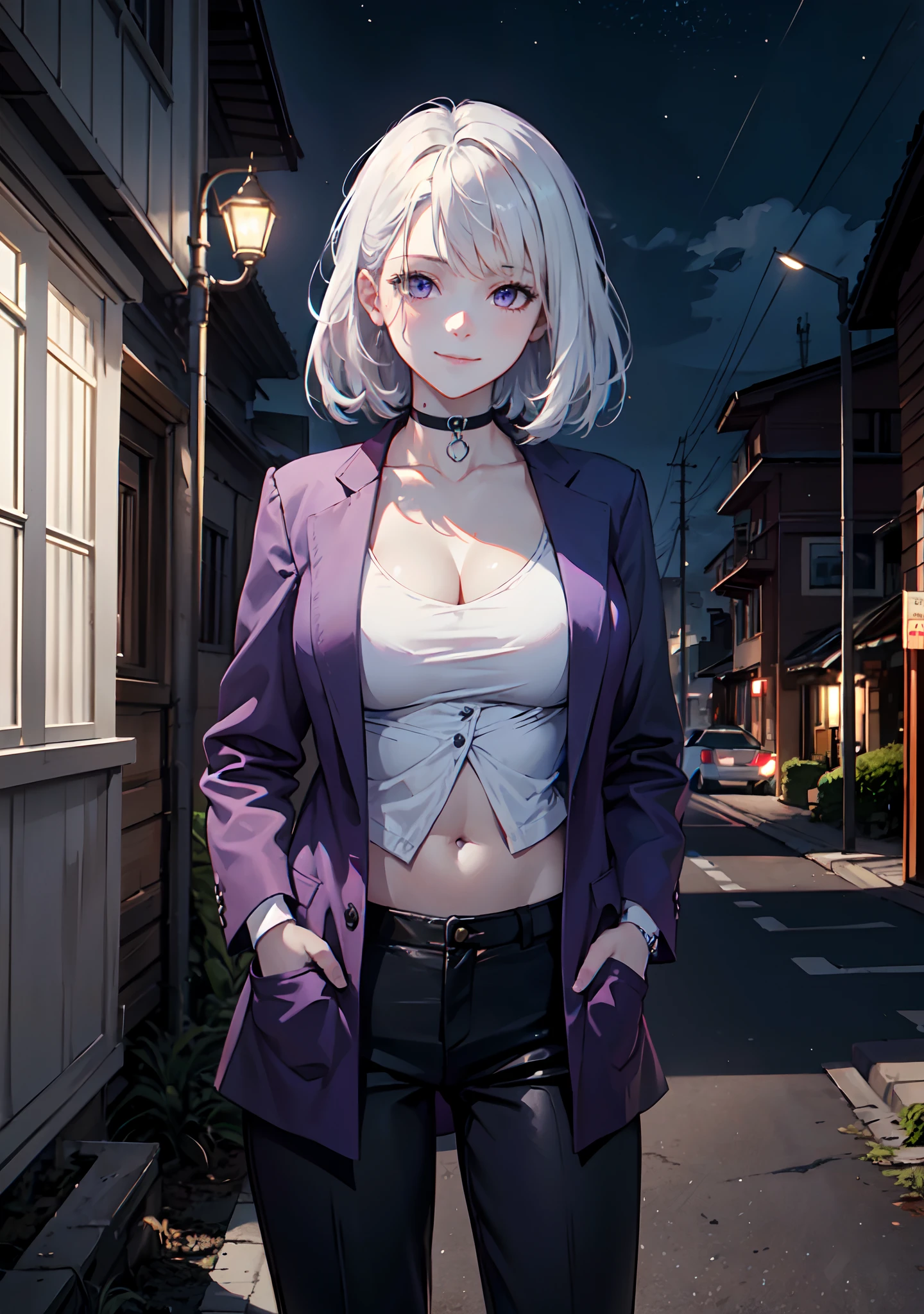 (masterpiece, best quality:1.2), cowboy shot, solo, 1girl, realistic white hair, short wavy hair, purple eyes, average breasts, slender body, light smile, looking at viewer, hands in pockets, dark business suit, deep cleavage, midriff, navel, (braless), black pants, choker, office, night light, night time