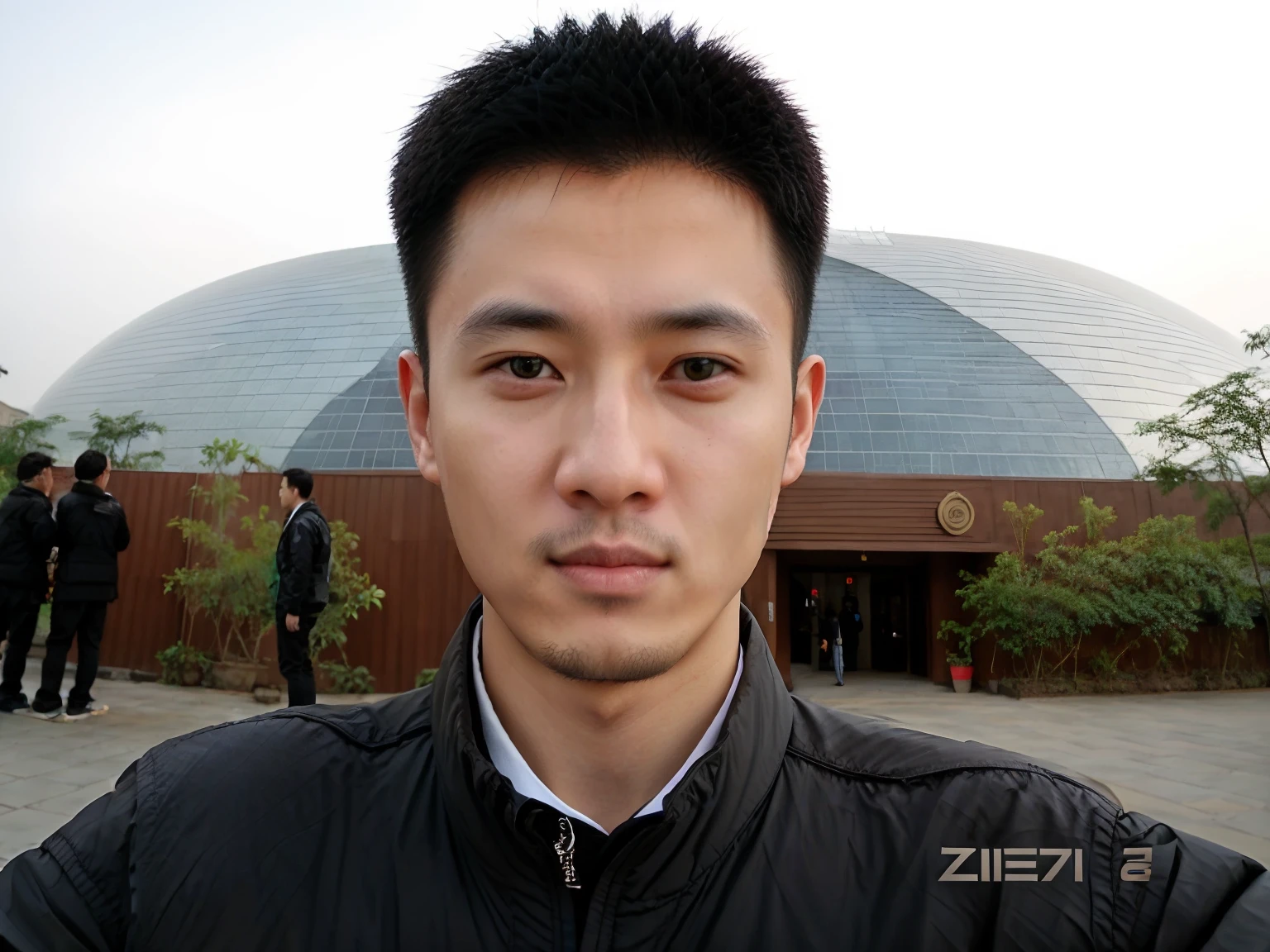 Alafard man in black jacket takes a selfie in front of the building, zeng fanzh, jinyiwei, chengwei pan, Chen Zezhou, xintong chen, xiaoguang sun, lei min, wenjun lin, wei wang, inspired by Ding Yunpeng, Wu Liu, Leng Jun, donglu yu, Eat Zhuoxin