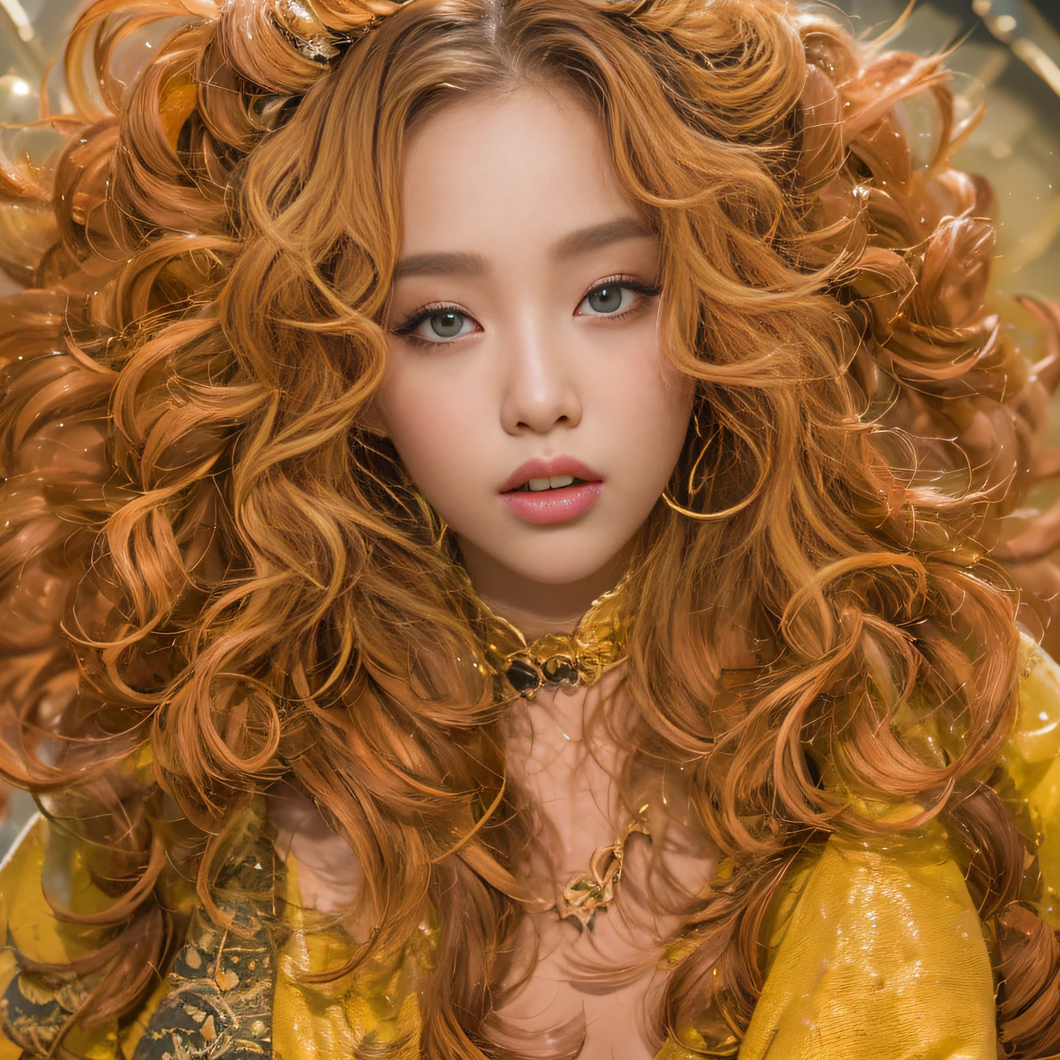 32K(tmasterpiece,k hd,hyper HD,32K)The balls have large curly hair,Flowing rouge,ponds,zydink, a color, Asian people (Silly girl), (Silk scarf), Combat posture, looking at the ground,The balls have large curly hair, Flowing rouge balls with large curly hair, Crocodile leather tiara, Chinese long-sleeved bright yellow clothing, (abstract ink splash:1.2), Pink lotus background,Water lily flower protector(realisticlying:1.4),Rouge hair,Autumn is in full swing,The background is pure, A high resolution, the detail, RAW photogr, Sharp Re, Nikon D850 Film Stock Photo by Jefferies Lee 4 Kodak Portra 400 Camera F1.6 shots, Rich colors, ultra-realistic vivid textures, Dramatic lighting, Unreal Engine Art Station Trend, cinestir 800,Large curls,Flowing rouge balls with large curly hair