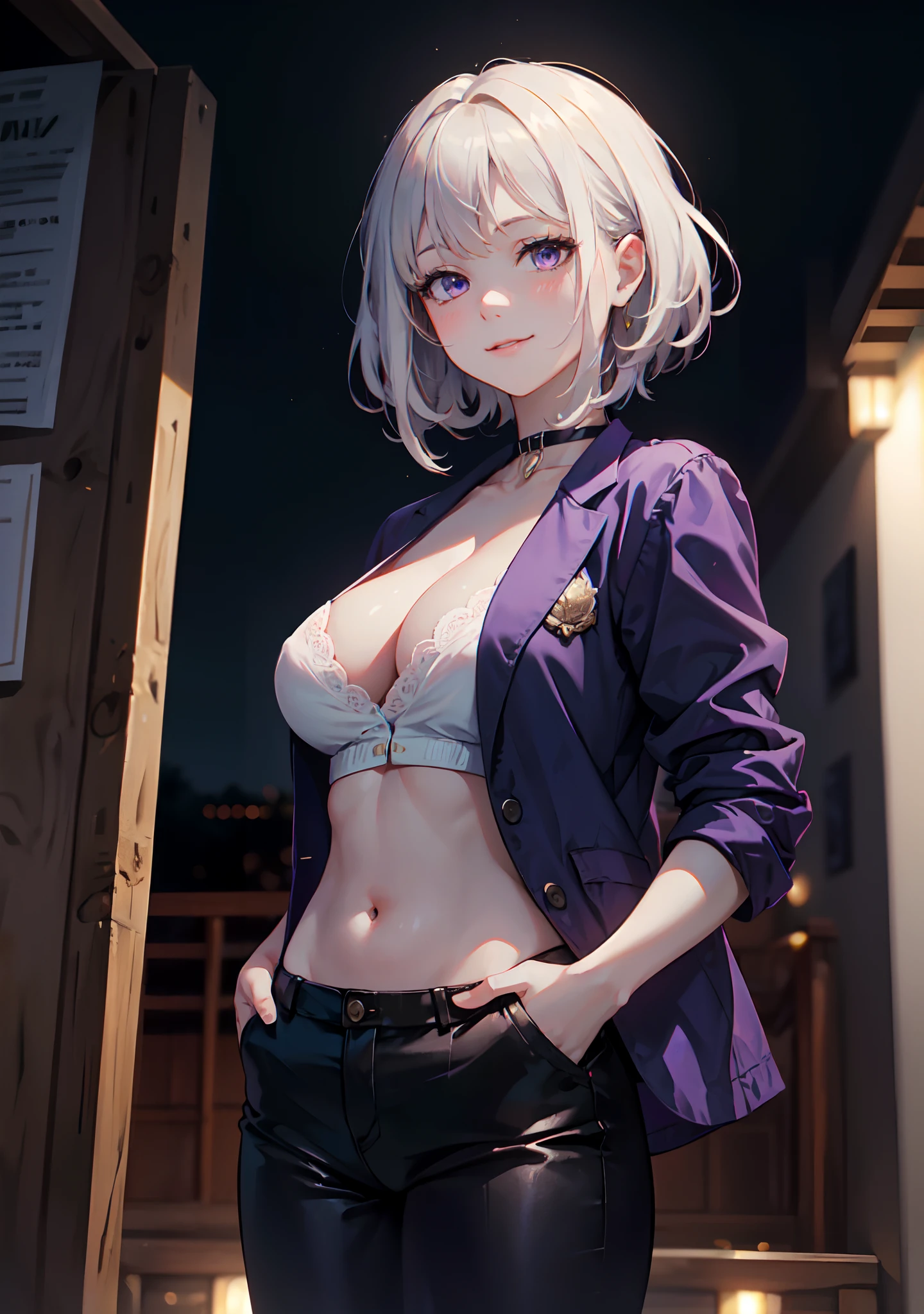 (masterpiece, best quality:1.2), cowboy shot, solo, 1girl, realistic white hair, short wavy hair, purple eyes, average breasts, slender body, light smile, looking at viewer, hands in pockets, dark business suit, deep cleavage, midriff, navel, (braless), black pants, choker, office, night light, night time