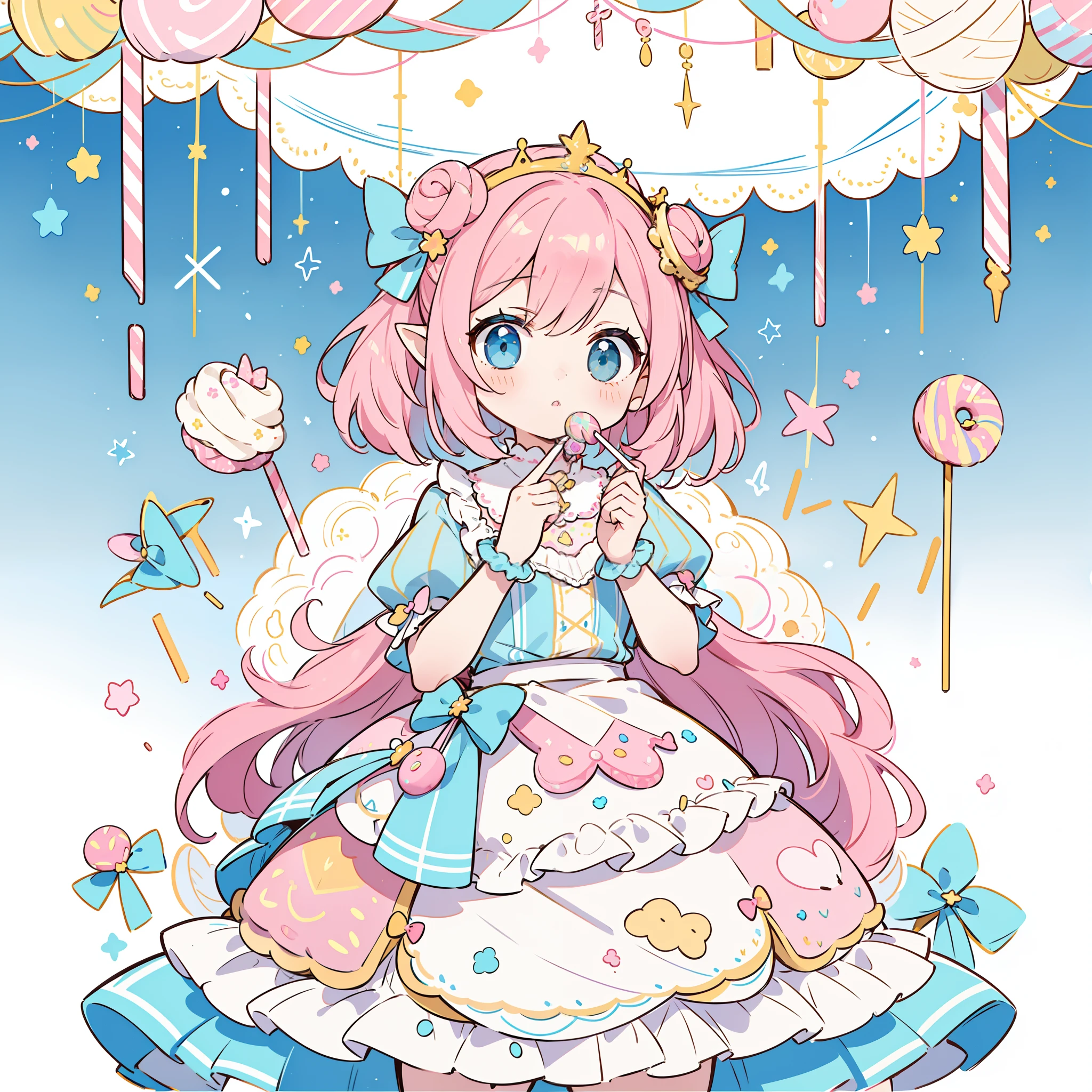 1girl, pastel muted colors, (color palette is yellow:1.2, blue:1.2, pink:1.2), sitted in a throne made out of sweets and pastries, for example donuts, sprinkles, candy, lollipops, candycane, cake, cupcakes, cakepops, frills and lace, polka dot patterns, long bat ears