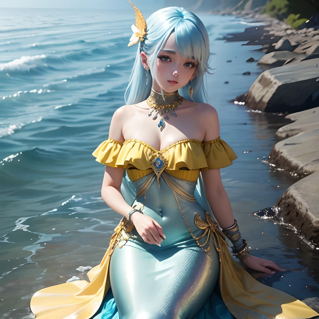 Yellow-blue hair，The yellow and blue clothes are embellished with silver jewelry，It's a cute mermaid beautiful girl --auto