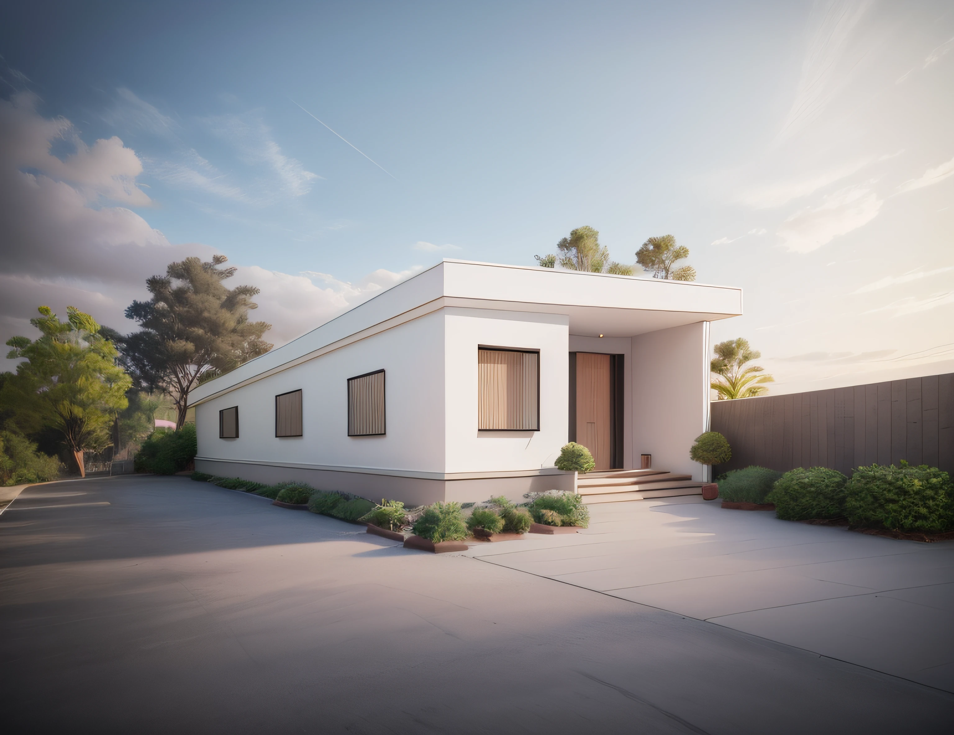 Make a modern house, with ground floor and exposed reinforced concrete mix, black-rimmed glass windows, red brick yard, a picture stamp que ser da fachada da casa, You can build some tree and put it inside an apartment building with a house next door. Ultra realista, renderizado em retrato format. A casa tem que ter apenas um andar e seja uma casa atemporal