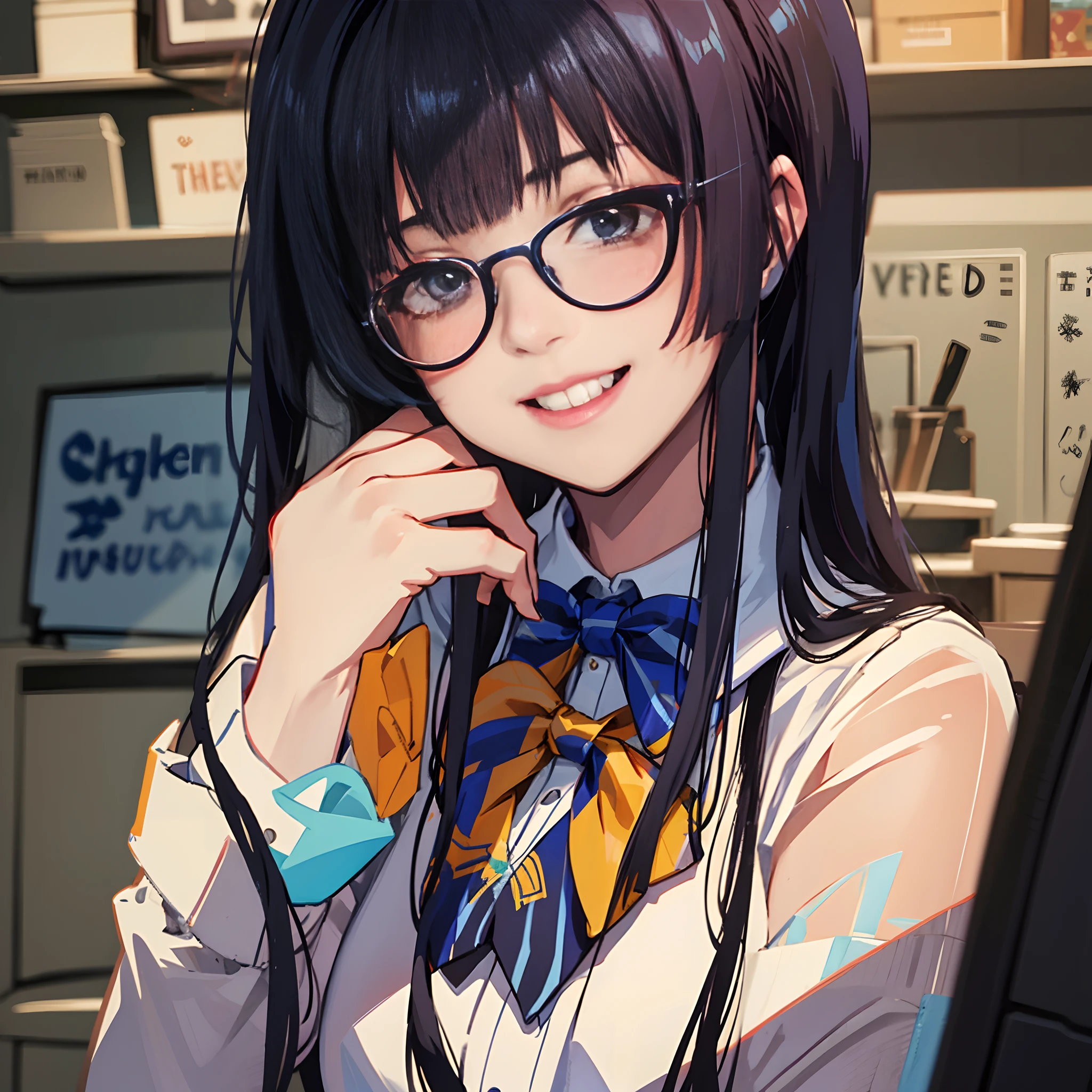 a matural female，blue bowtie，Blue glasses，black color hair，White color blouse，Long hair，Very long hair，Enchanted smile，Thin cheeks，Slight squinting，office room，Colourful，Opaque shirt，