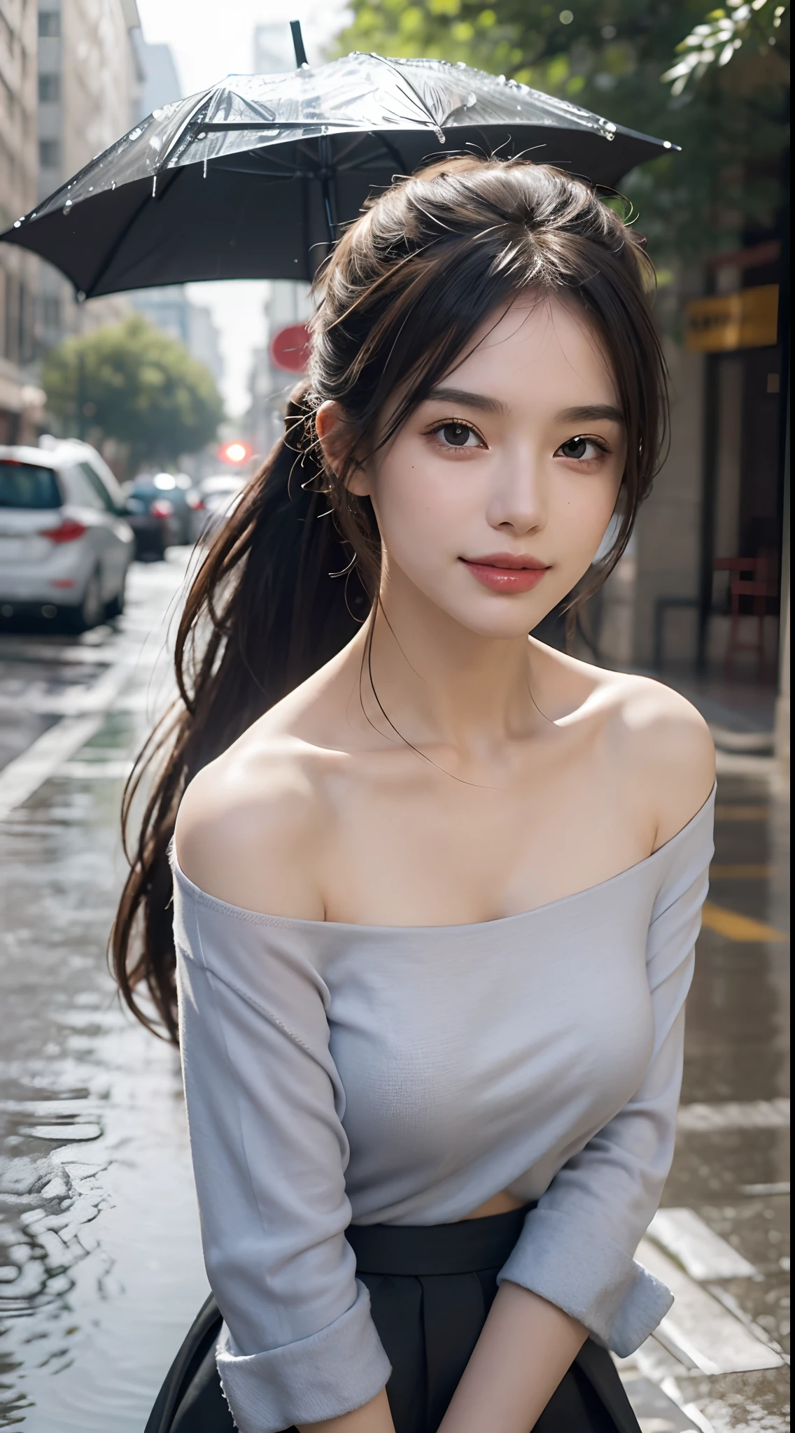 ((Best Quality, 8k, Masterpiece:1.3)), Focus: 1.2, Perfect Body Beauty: 1.4, Buttocks: 1.2, ((High Ponytail, Collarbone: 1.2)), (Short Skirt: 1.1) , (Rain, Street:1.3), Highly detailed face and skin texture, Fine eyes, Double eyelids, Whitened skin, Long hair, (Shut up: 1.3), Smile, Long legs, Full body, Best proportions of four fingers and one thumb, Smiley face, Face texture: 1.3, Sunshine, Summer, collarbone, beautiful eyes, real face, real skin, realistic face, realistic skin, detailed eyes, detailed facial features, detailed clothing features, detailed face, chest contour, tight fit, POS random, upper body silk wrap: 1.4