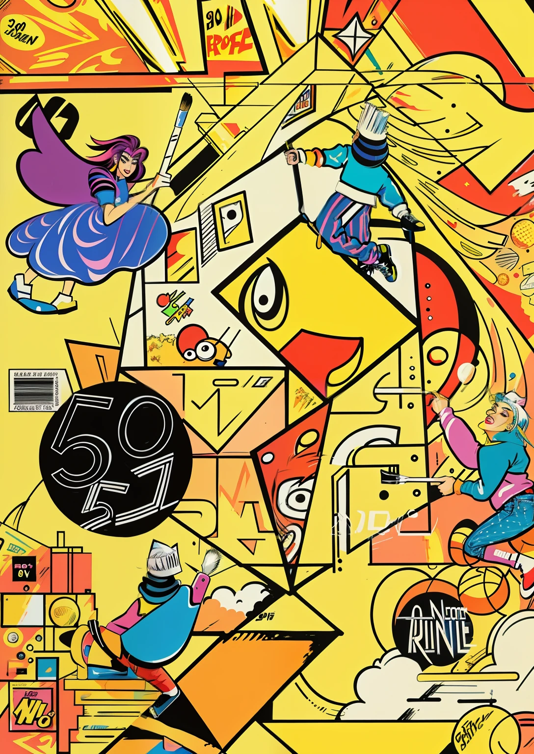 painting of a, Brush modern art of the 90s, 90s mtv illustration, Artistic cover, 90s mtv illustration, 5 0 years old, 50 years old, 50, hand painted cartoon art style, Package cover, Digital art. colorful comic, artwork of a, editorial illustration colorful, golden proportion illustration