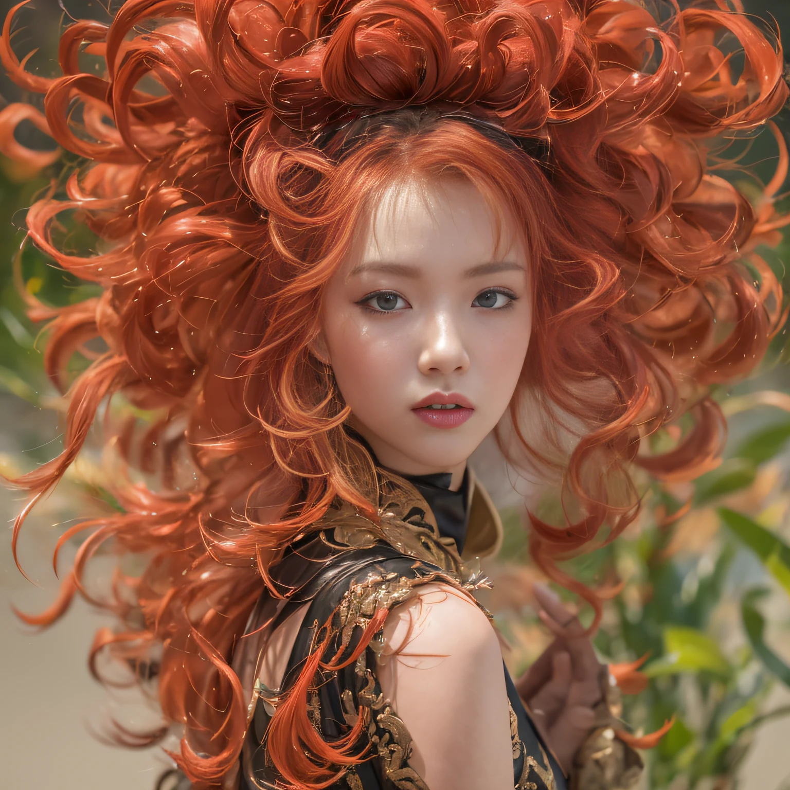 32K(tmasterpiece,k hd,hyper HD,32K)Large curls,Flowing rouge,ponds,zydink, a color, Asian people (Silly girl), (Silk scarf), Combat posture, looking at the ground, Large roll rouge, Flowing rouge curls, Crocodile leather tiara, Chinese long-sleeved black gold outfit, (abstract ink splash:1.2), Pink lotus background,Water lily flower protector(realisticlying:1.4),Rouge hair,Autumn is in full swing,The background is pure, A high resolution, the detail, RAW photogr, Sharp Re, Nikon D850 Film Stock Photo by Jefferies Lee 4 Kodak Portra 400 Camera F1.6 shots, Rich colors, ultra-realistic vivid textures, Dramatic lighting, Unreal Engine Art Station Trend, cinestir 800,Large curls,Flowing rouge