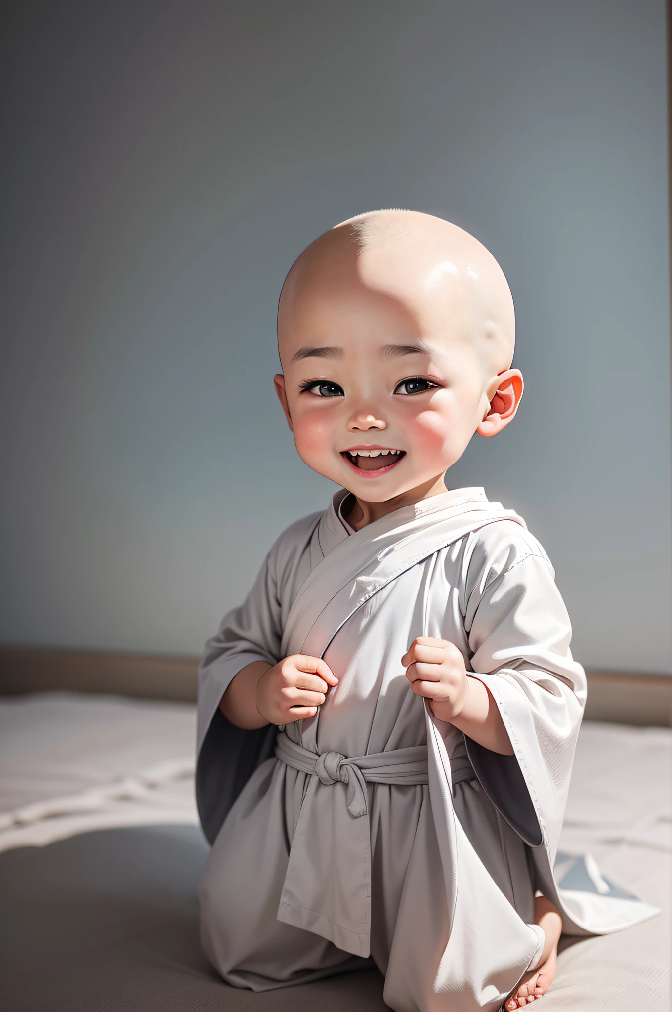 2 in simple monk robes,The background is a solid color,Portrait of a little monk,La,Wearing a white monk's robe,bald-headed,Moe,The upper part of the body,frontal photos,Chinese