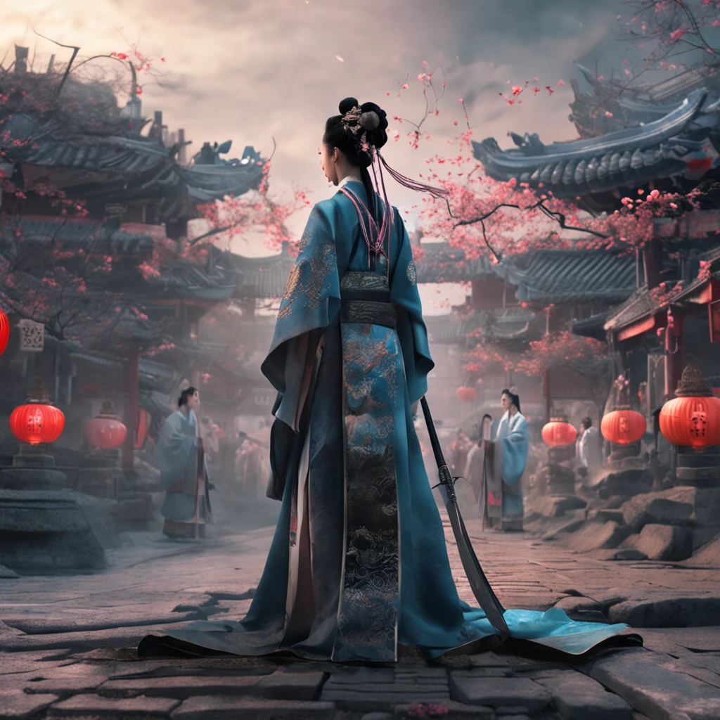Best quality, Masterpiece, 超高分辨率, (photograph realistic:1.4), surrealism, Dream-like,fusionart, AI Goddess,Ten thousand swords plunged into the ground,Background: Chang'an City that Never Sleeps,Robe Hanfu,A glimpse of amazement