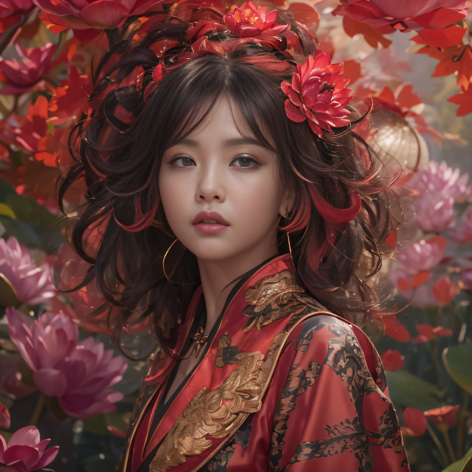 32K(tmasterpiece,k hd,hyper HD,32K)Large curls,Flowing rouge,ponds,zydink, a color, Asian people (Silly girl), (Silk scarf), Combat posture, looking at the ground, Large roll rouge, Flowing rouge curls, Crocodile leather tiara, Chinese long-sleeved black gold outfit, (abstract ink splash:1.2), Pink lotus background,Water lily flower protector(realisticlying:1.4),Rouge hair,Autumn is in full swing,The background is pure, A high resolution, the detail, RAW photogr, Sharp Re, Nikon D850 Film Stock Photo by Jefferies Lee 4 Kodak Portra 400 Camera F1.6 shots, Rich colors, ultra-realistic vivid textures, Dramatic lighting, Unreal Engine Art Station Trend, cinestir 800,Large curls,Flowing rouge