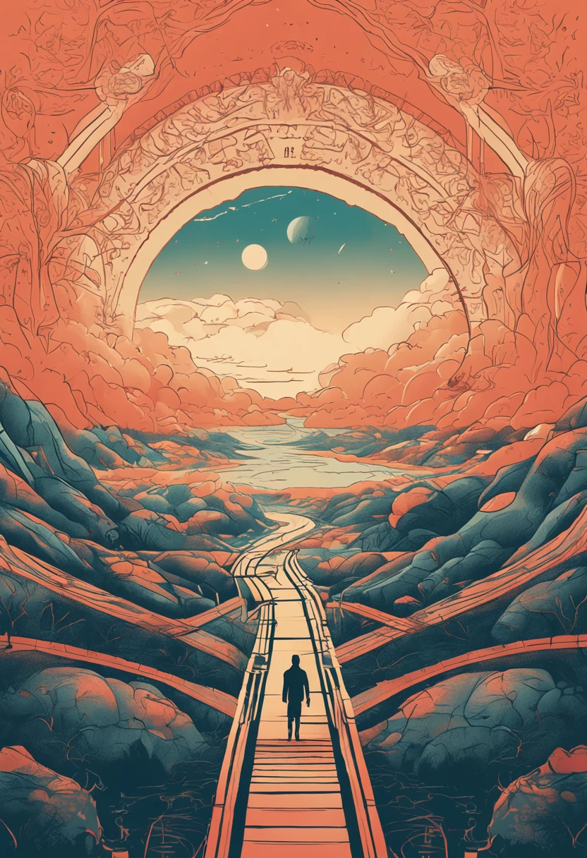 A world of vast landscapes。It depicts a single figure standing in the center。The person is freed from the bondage of yesterday、We are moving towards uncharted territory that opens up ahead。The road is curvilinear、Invisible prospects are ahead。At his feet is a bridge to a new path.、There is a light that symbolizes hope for the future.。Behind it is a thin symbol indicating the past.、That makes his new journey even brighter。