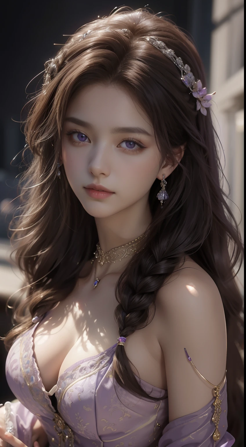 tmasterpiece，Highest image quality，A beautiful bust of a noble maiden，Delicate brown braided hair，Violet eyes are clear，Embellished with a dazzling array of exquisite jewelry（head gear，choker necklace，耳Nipple Ring，Bracelet or bracelet），Soft light，super detailing，upscaled。