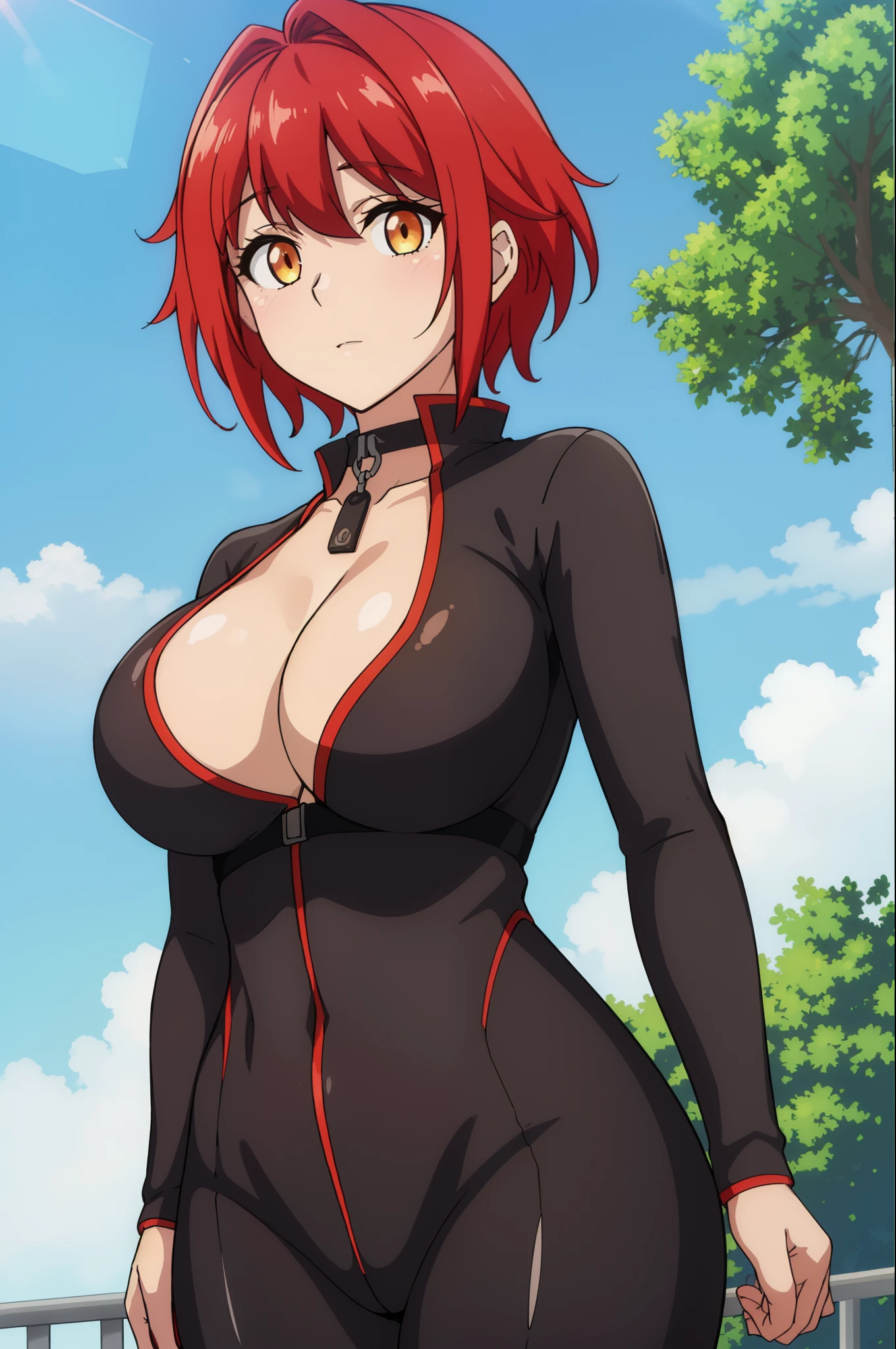 (day),Outdoors,a tree with a sky background ,a blue sky with clouds,
Standing at attention, black bodysuit, cleavage,
red_hair,short_hair, yellow eyes,bangs,
1 girl, 20yo,Young female,Beautiful Finger,Beautiful long legs,Beautiful body,Beautiful Nose,Beautiful character design, perfect eyes, perfect face,expressive eyes,
looking at viewer, (Upper_body),(half body shot),
official art,extremely detailed CG unity 8k wallpaper, perfect lighting,Colorful, Bright_Front_face_Lighting,shiny skin,
(masterpiece:1.0),(best_quality:1.0), ultra high res,4K,ultra-detailed,
photography, 8K, HDR, highres, absurdres:1.2, Kodak portra 400, film grain, blurry background, bokeh:1.2, lens flare, (vibrant_color:1.2)
(Beautiful,large_Breasts:1.4), (beautiful_face:1.5),(narrow_waist),