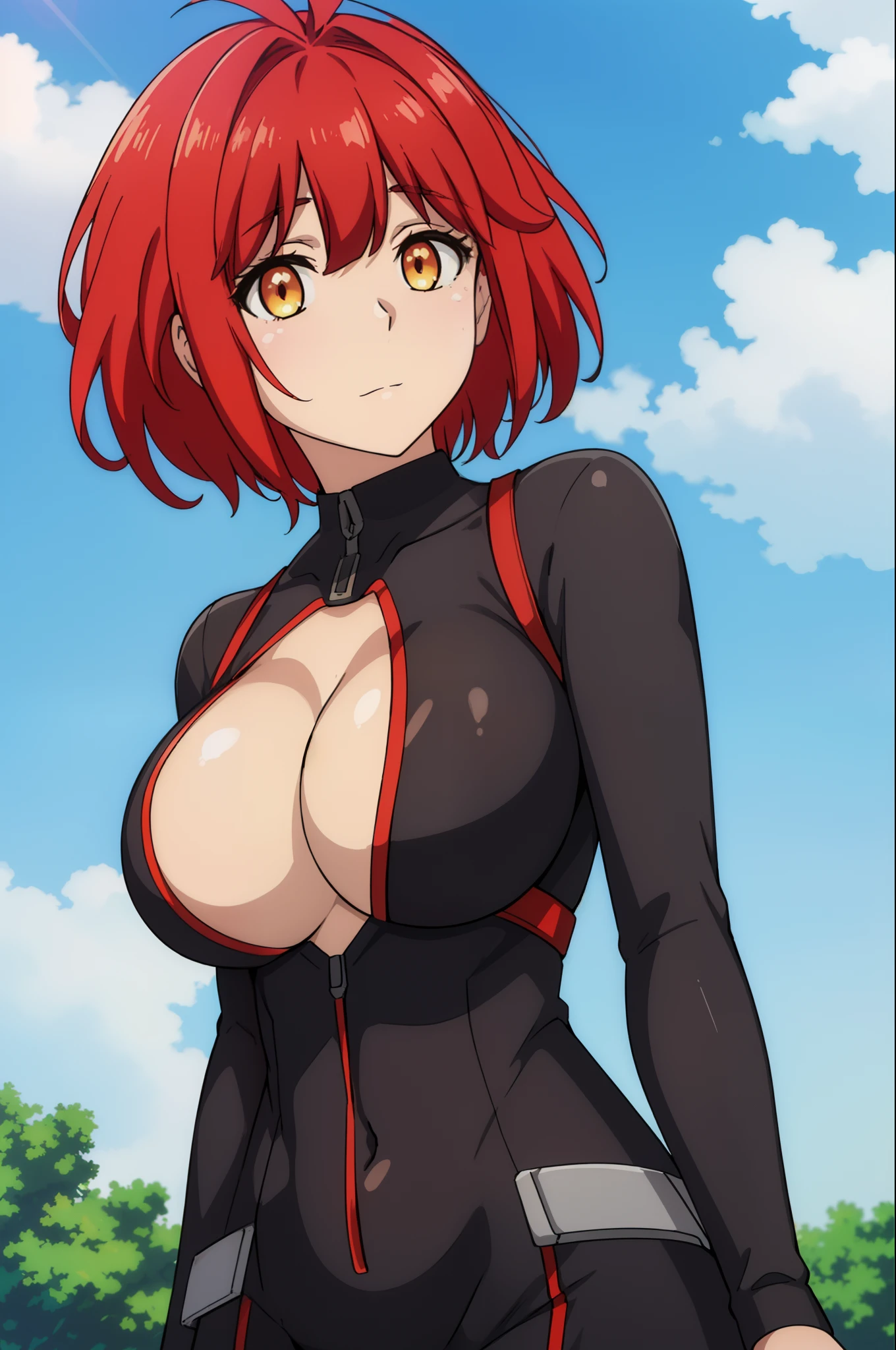 (day),Outdoors,a tree with a sky background ,a blue sky with clouds,
Standing at attention, black bodysuit, cleavage,
red_hair,short_hair, yellow eyes,bangs,
1 girl, 20yo,Young female,Beautiful Finger,Beautiful long legs,Beautiful body,Beautiful Nose,Beautiful character design, perfect eyes, perfect face,expressive eyes,
looking at viewer, (Upper_body),(half body shot),
official art,extremely detailed CG unity 8k wallpaper, perfect lighting,Colorful, Bright_Front_face_Lighting,shiny skin,
(masterpiece:1.0),(best_quality:1.0), ultra high res,4K,ultra-detailed,
photography, 8K, HDR, highres, absurdres:1.2, Kodak portra 400, film grain, blurry background, bokeh:1.2, lens flare, (vibrant_color:1.2)
(Beautiful,large_Breasts:1.4), (beautiful_face:1.5),(narrow_waist),