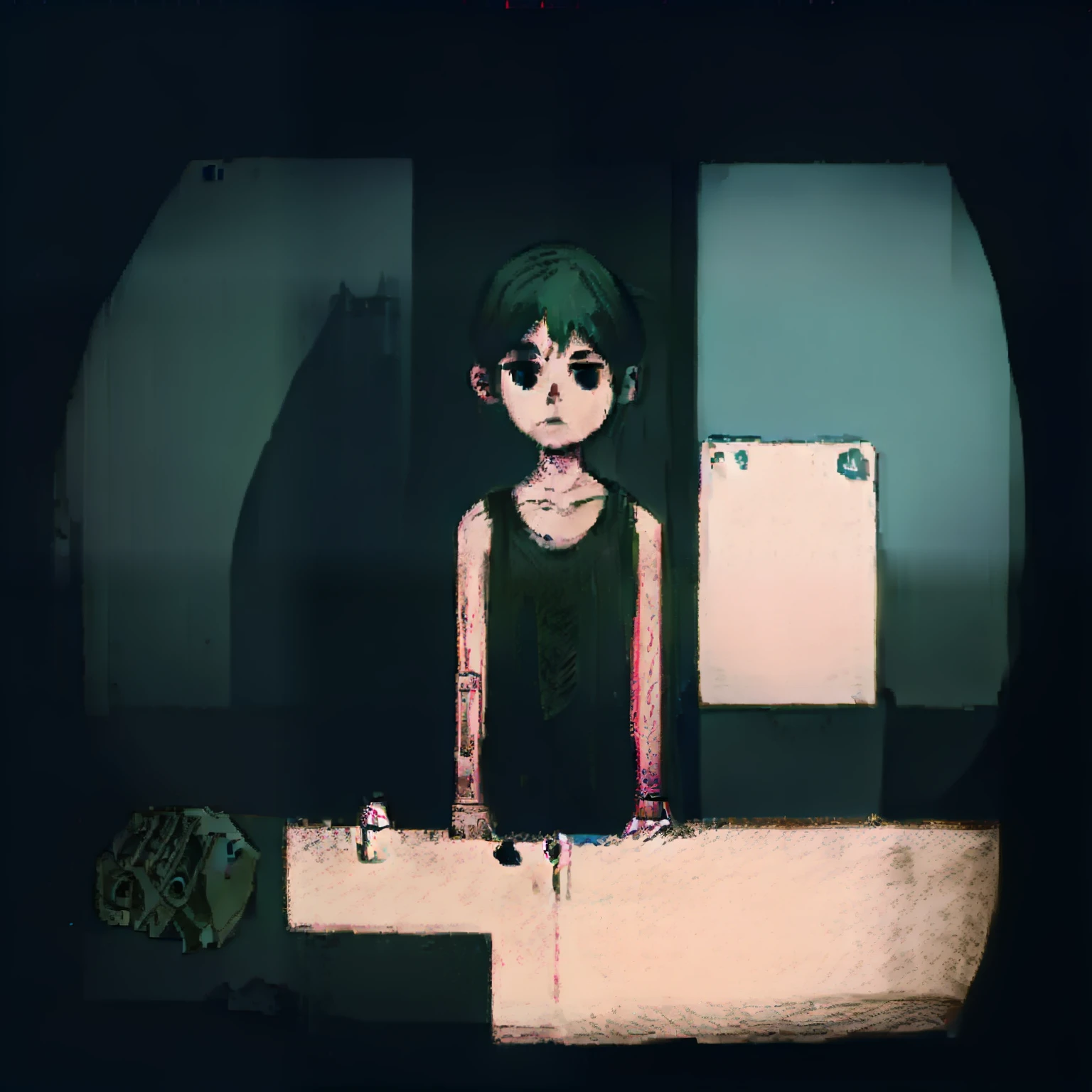 (ar) Omori, dark and atmospheric, with a touch of mystery, intense emotions, shadows interplay, a hauntingly beautiful and surreal world, surreal landscapes, dreamlike scenes, ethereal characters, eerie lighting, surreal color palette