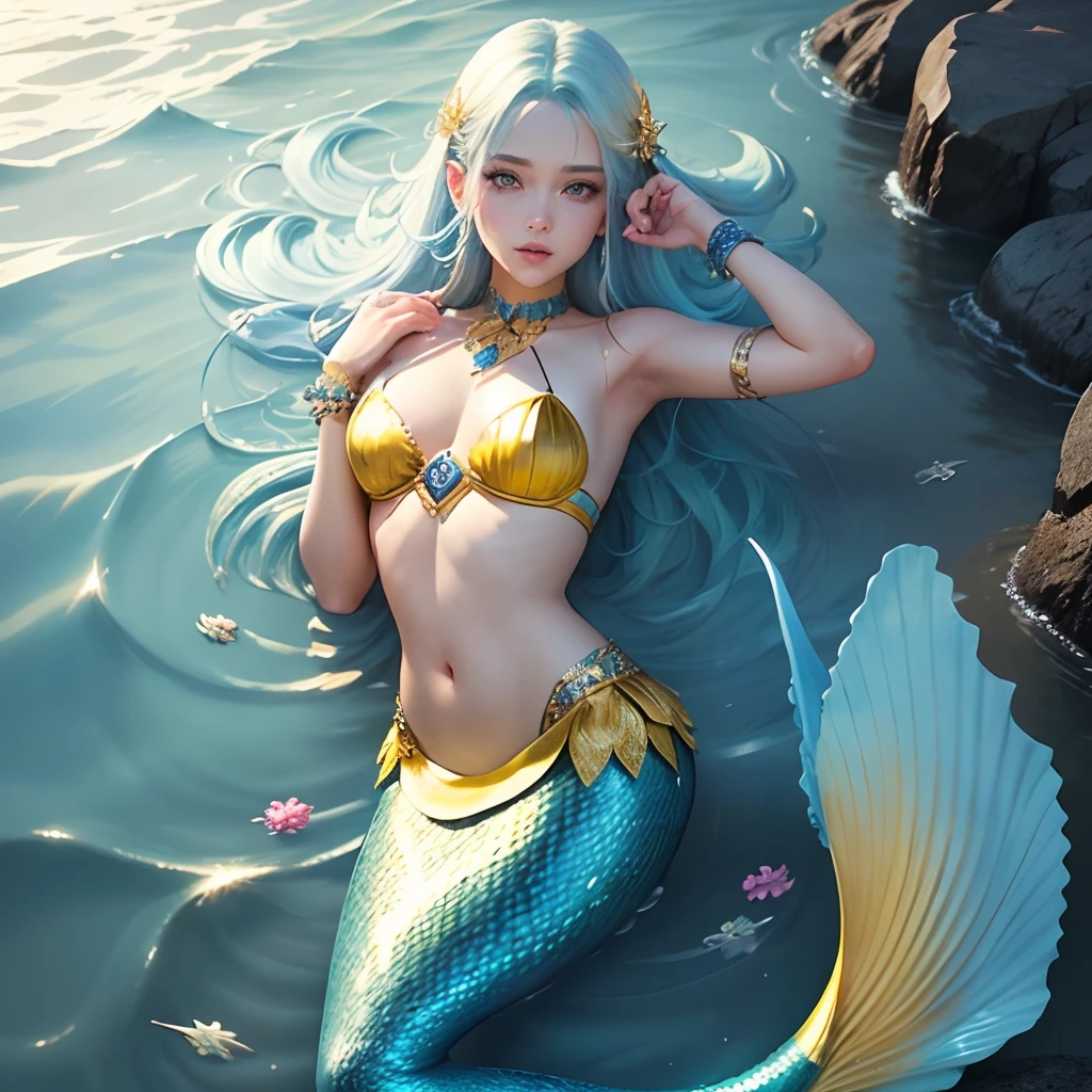 Yellow-blue hair，The yellow and blue clothes are embellished with silver jewelry，It's a cute mermaid beautiful girl --auto