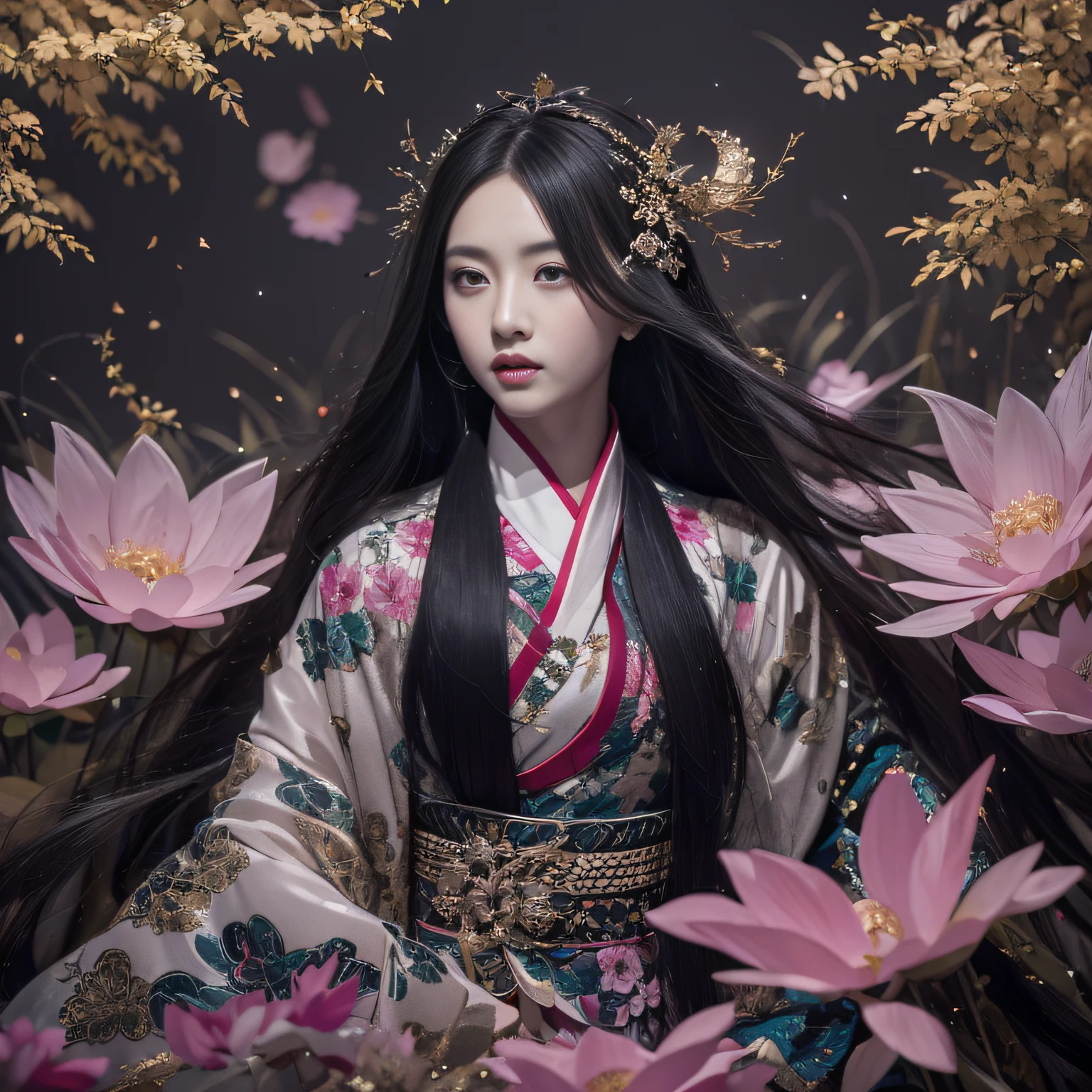 32K(tmasterpiece,k hd,hyper HD,32K)Long flowing black hair,ponds,zydink, a color, Asian people (Silly girl), (Silk scarf), Combat posture, looking at the ground, long whitr hair, Floating hair, Carp pattern headdress, Chinese long-sleeved clothing, (abstract ink splash:1.2), Pink petal background,Pink and white lotus flowers fly(realisticlying:1.4),Black color hair,Fallen leaves flutter,The background is pure, A high resolution, the detail, RAW photogr, Sharp Re, Nikon D850 Film Stock Photo by Jefferies Lee 4 Kodak Portra 400 Camera F1.6 shots, Rich colors, ultra-realistic vivid textures, Dramatic lighting, Unreal Engine Art Station Trend, cinestir 800,Long flowing black hair