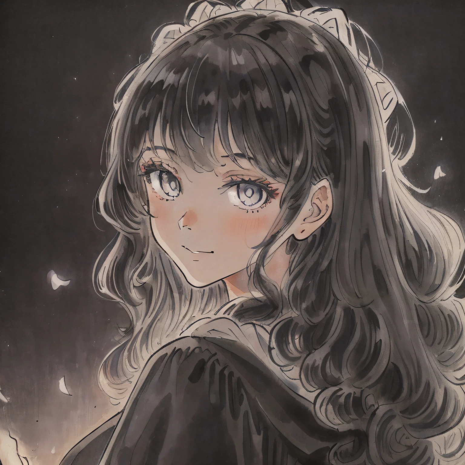 ((best quality)), ((masterpiece)), highres, original, extremely detailed wallpaper,an extremely delicate and beautiful,illustration,cinematic lighting, volume lighting, bloom effect, light particles,((1 girl)),beautiful detailed eyes,long sleeves, hoodie,frills, no shadow, simple background, (((black background))), European style, bright skin, (((1980s (style)))), movie theater, silhouette, greyscale, monochrome,((Big wavy curls)), slit pupils,(((looking back))),cinematic angle, (((close-up))),(((portrait))),lens flare,seductive smile, tarot, medium hair