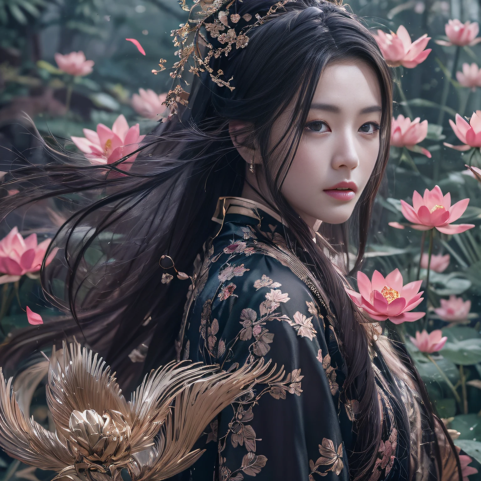 32K(tmasterpiece,k hd,hyper HD,32K)Long flowing black hair,ponds,zydink, a color, Asian people (Silly girl), (Silk scarf), Combat posture, looking at the ground, long whitr hair, Floating hair, Carp pattern headdress, Chinese long-sleeved clothing, (abstract ink splash:1.2), Pink petal background,Pink and white lotus flowers fly(realisticlying:1.4),Black color hair,Fallen leaves flutter,The background is pure, A high resolution, the detail, RAW photogr, Sharp Re, Nikon D850 Film Stock Photo by Jefferies Lee 4 Kodak Portra 400 Camera F1.6 shots, Rich colors, ultra-realistic vivid textures, Dramatic lighting, Unreal Engine Art Station Trend, cinestir 800,Long flowing black hair