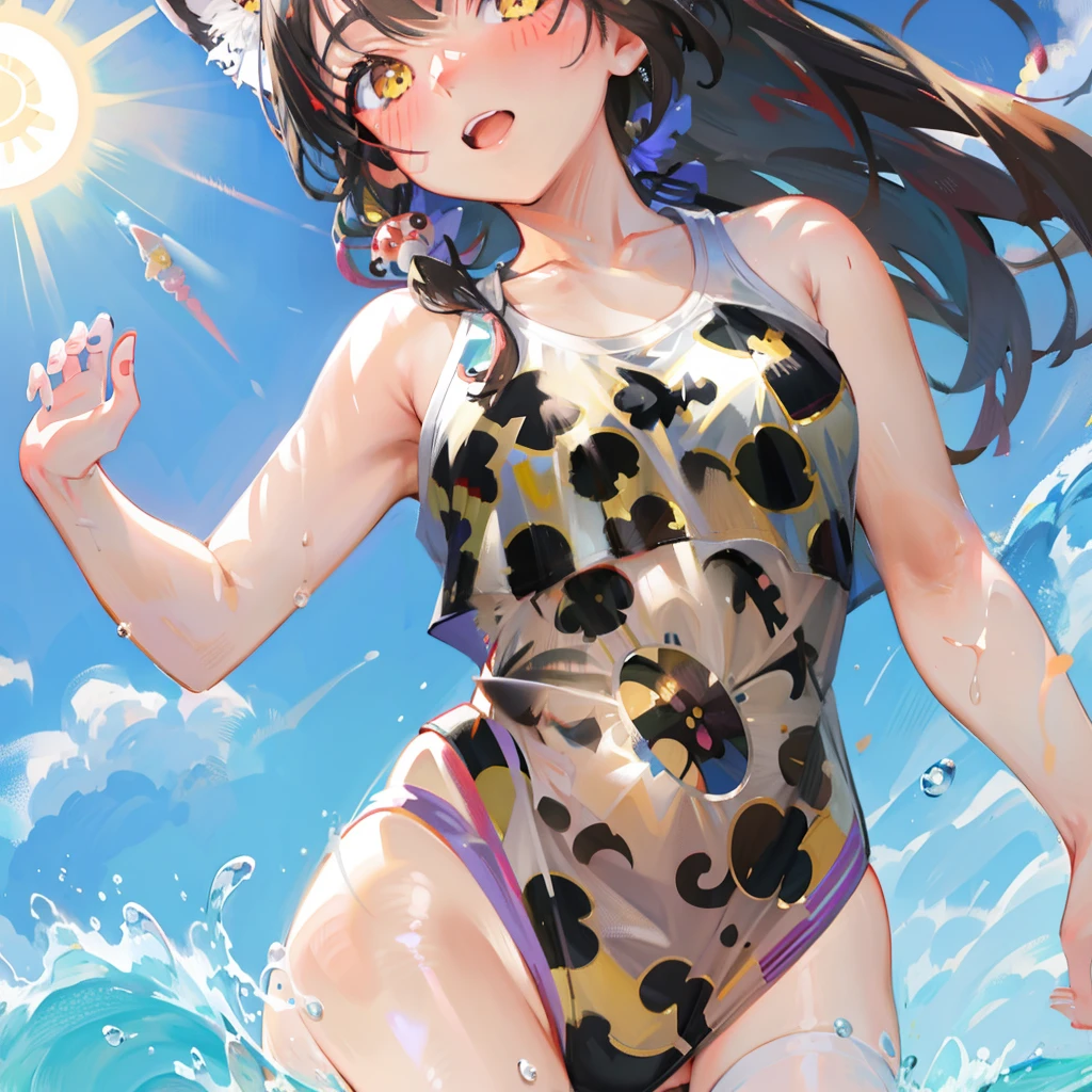 海でヒョウ柄の水着を着たアニメの女の子 - SeaArt AI